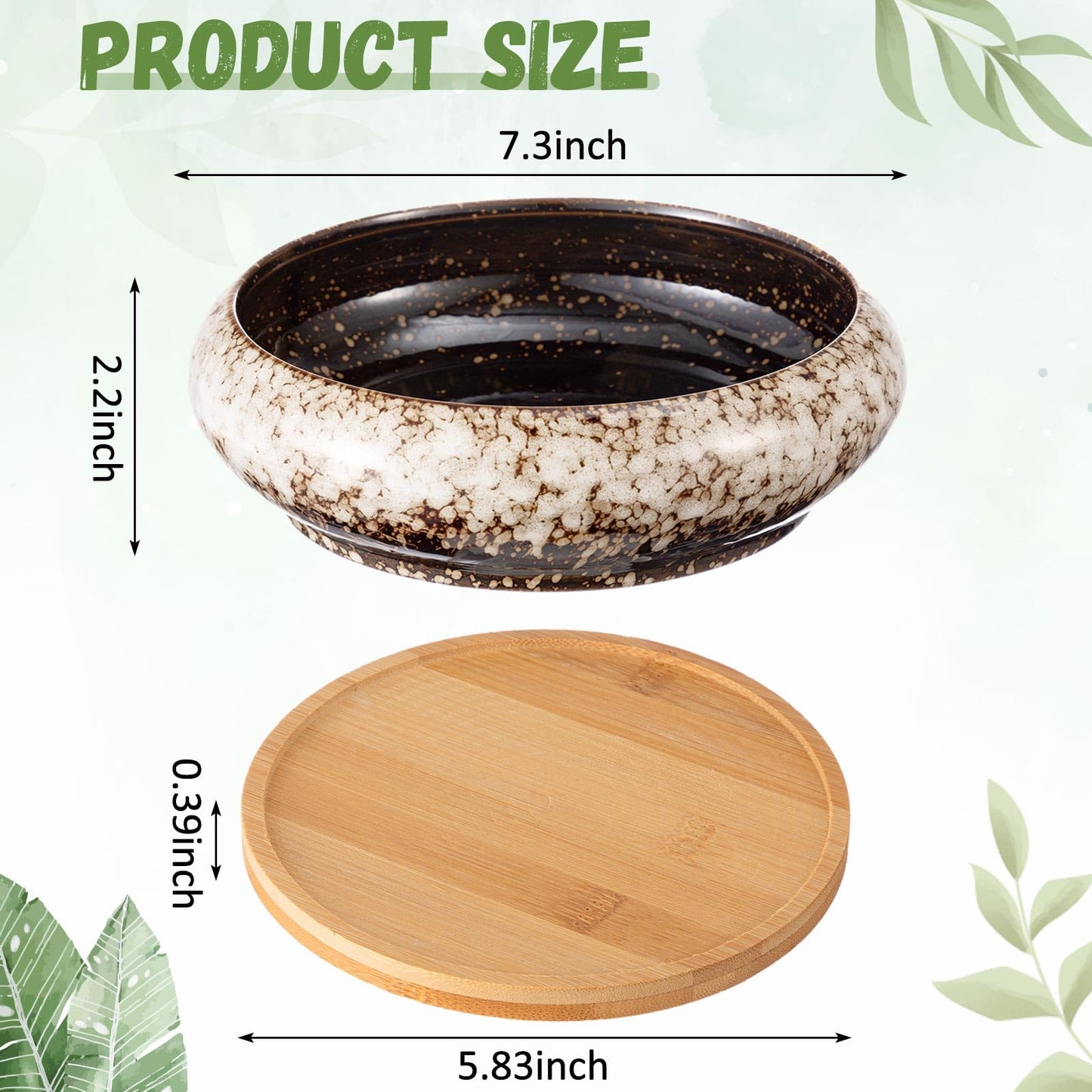 Acellegic 2 Pcs 7.3'' Round Large Shallow Succulent Ceramic Planter Pots with Drainage Hole Drip Glazed Shallow Bonsai Pot with Bamboo Tray for Indoor Outdoor Decor Cactus Flower (White)