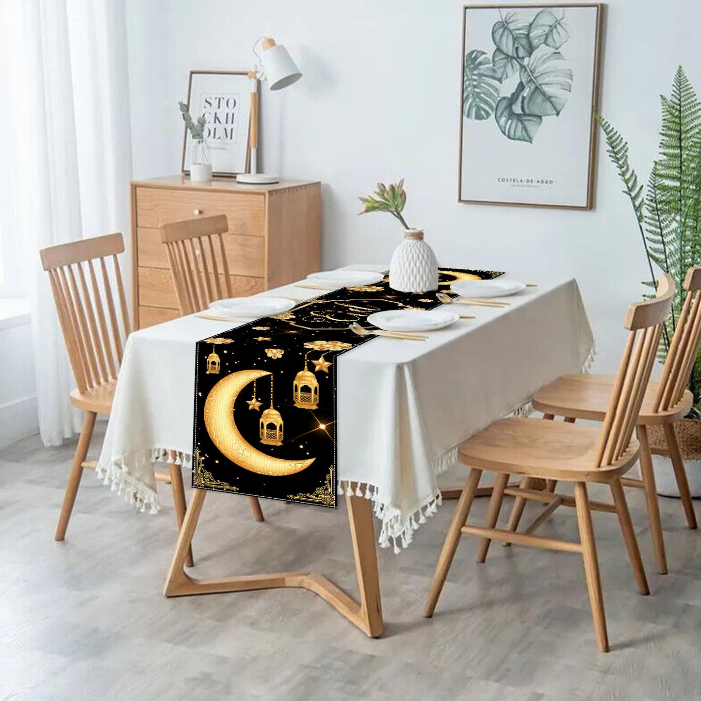 Eid Mubarak Table Runner Table Decorations,Eid Decorations for Home Black and Gold Holiday Kitchen Dining Table Runners with Moon,Star and Lantern for Islamic Table Decor Party Supplies 13 x 72 Inch