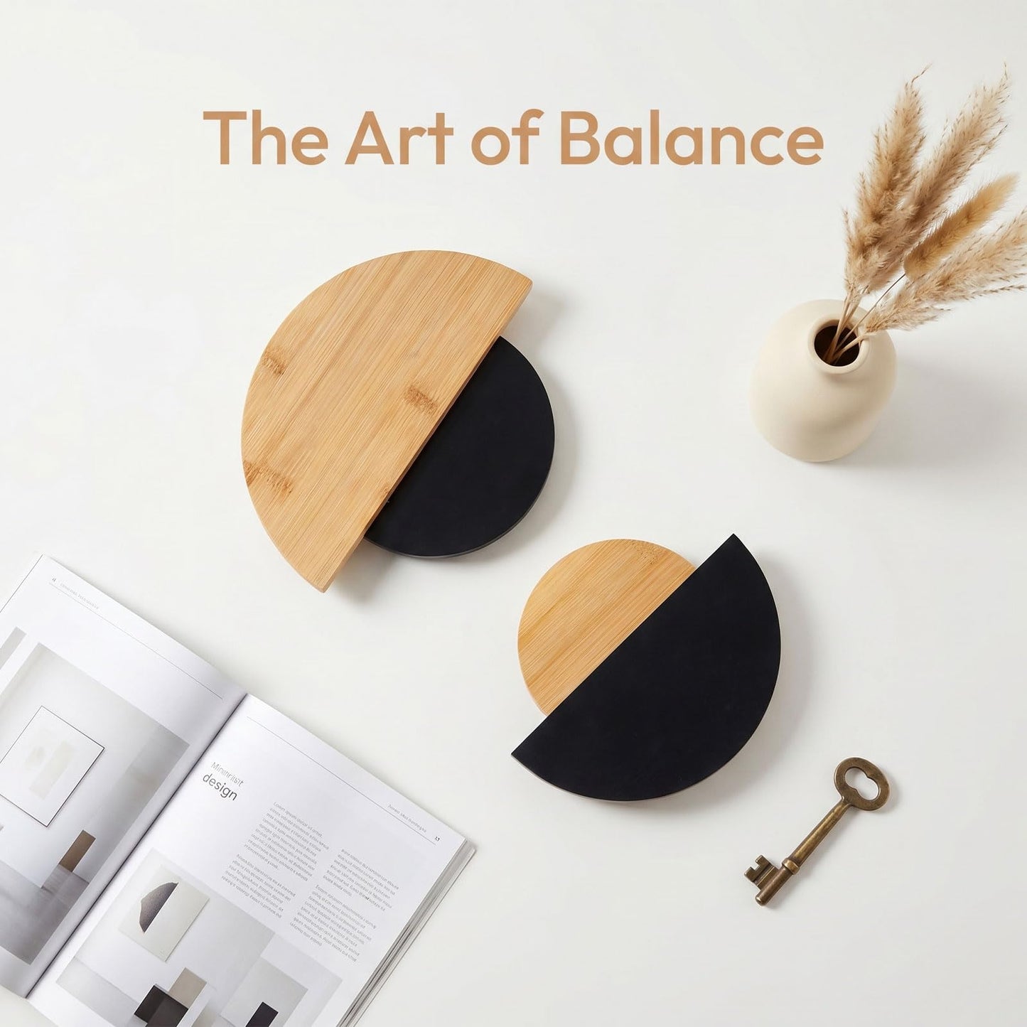AIM & GGKK Bamboo Half Circle Wall Decor Set of 2 | Geometric Design | Black Matte & Natural Bamboo Semi Circle Wall Art | Minimalist Modern Wall Hanging for Living Room Bedroom