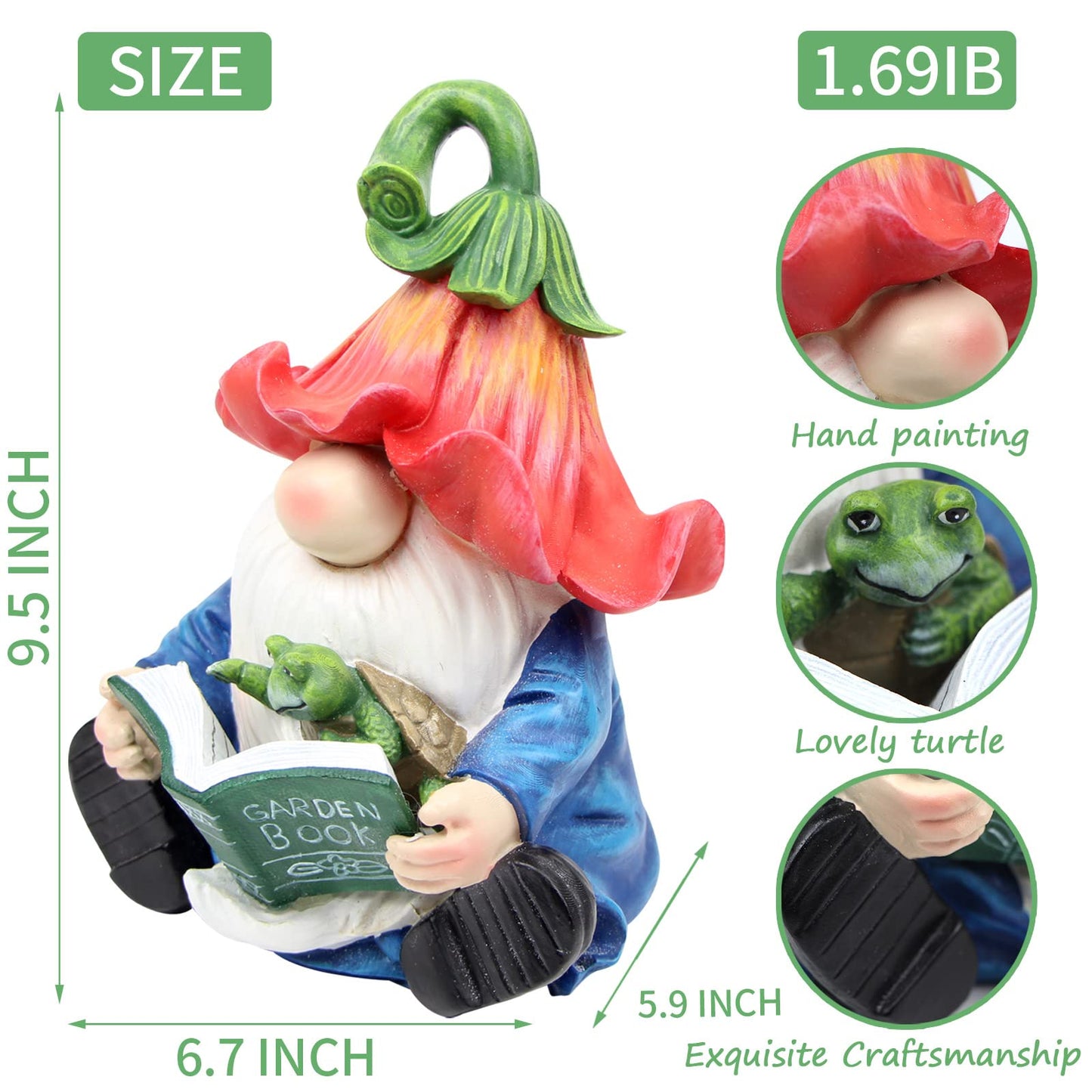 Sinhra Garden Gnome Statue-Resin Gnome Figurine Hugging Turtle Reading Book with Solar LED Lights，Outdoor Summer Decorations for Patio Yard Lawn Porch,Garden Ornament Gift