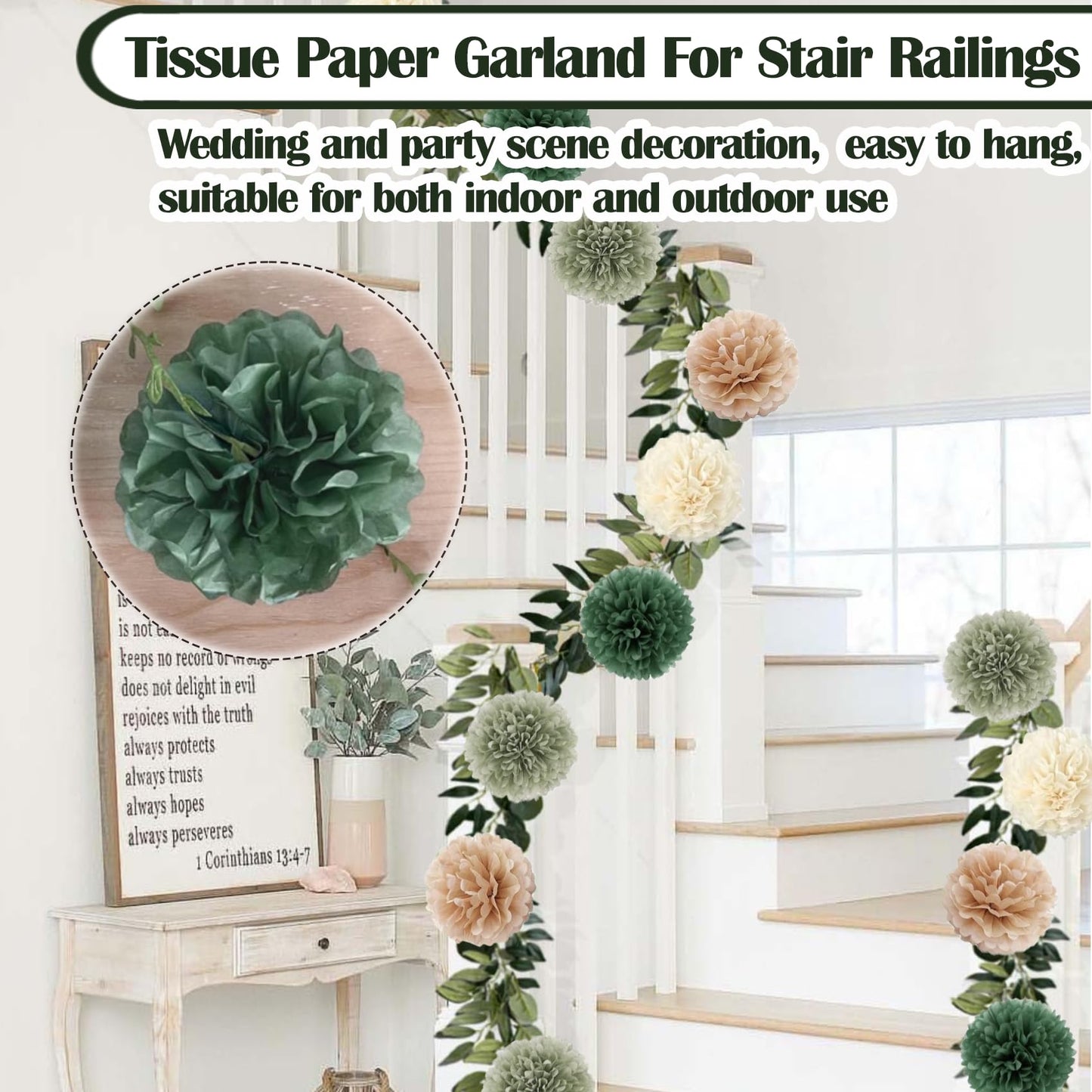 Tissue Paper Flowers Pom Pom Garland with Leaf Ribbon, 2 PCS 8.2ft Hanging Streamer for Wedding, Baby Shower, Rustic Boho Party Decor, Green Beige Neutral Tones, Reusable & Easy to Assemble
