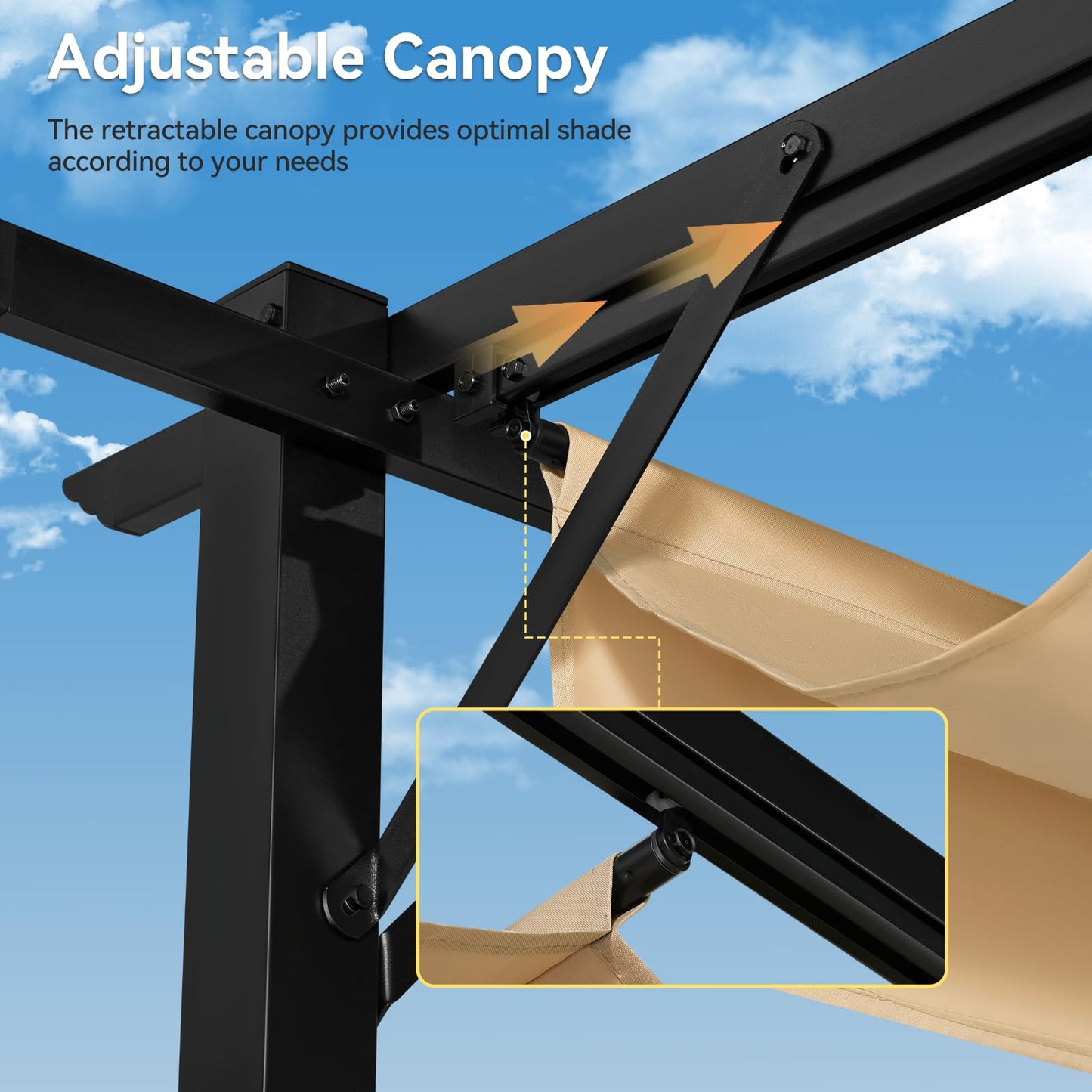 Aoxun 10'x12' Outdoor Retractable Pergola, Heavy Duty Metal Frame Pergola with Adjustable Sun Shade Canopy, Modern Backyard Pergola for Garden, Deck, Patio, Lawn,Grape Trellis