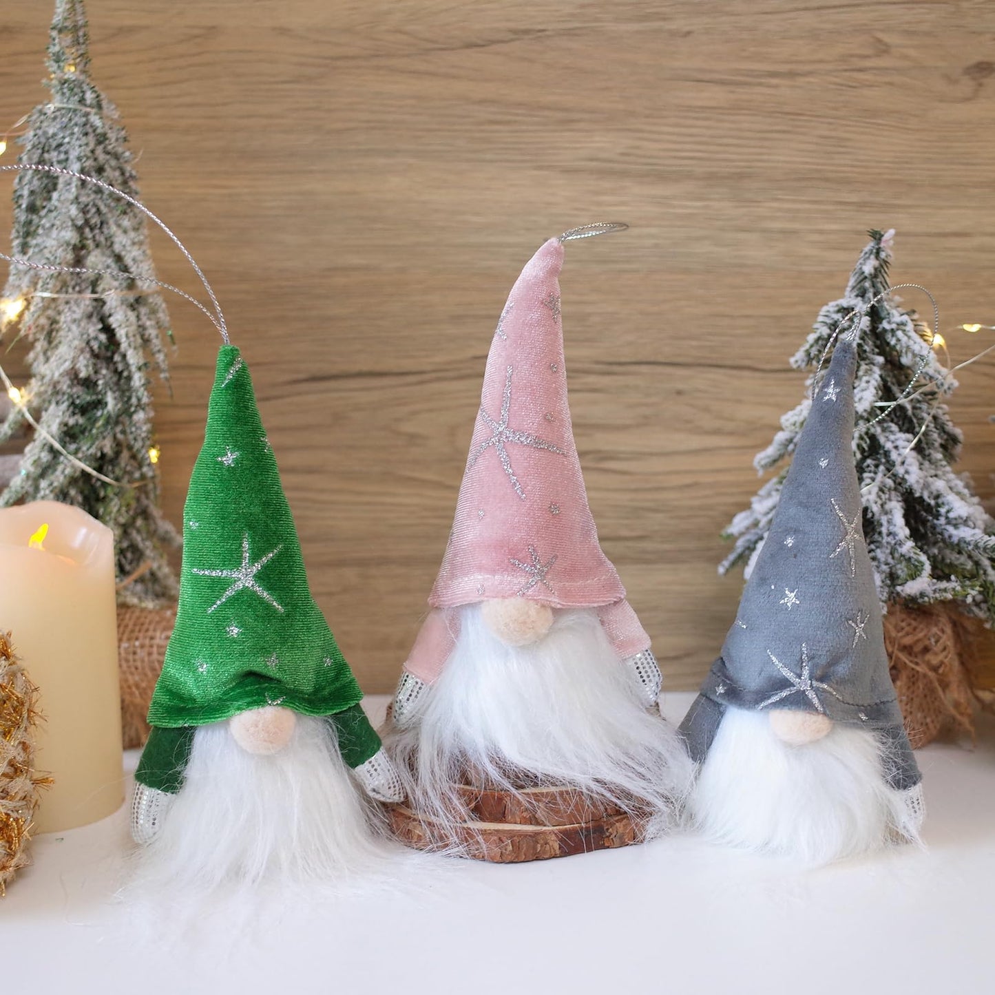 Etistta 6PCS Gnome Christmas Ornaments, 6.5 inch Velvet Christmas Tree Ornaments with Led Lights, Christmas Hanging Decorations