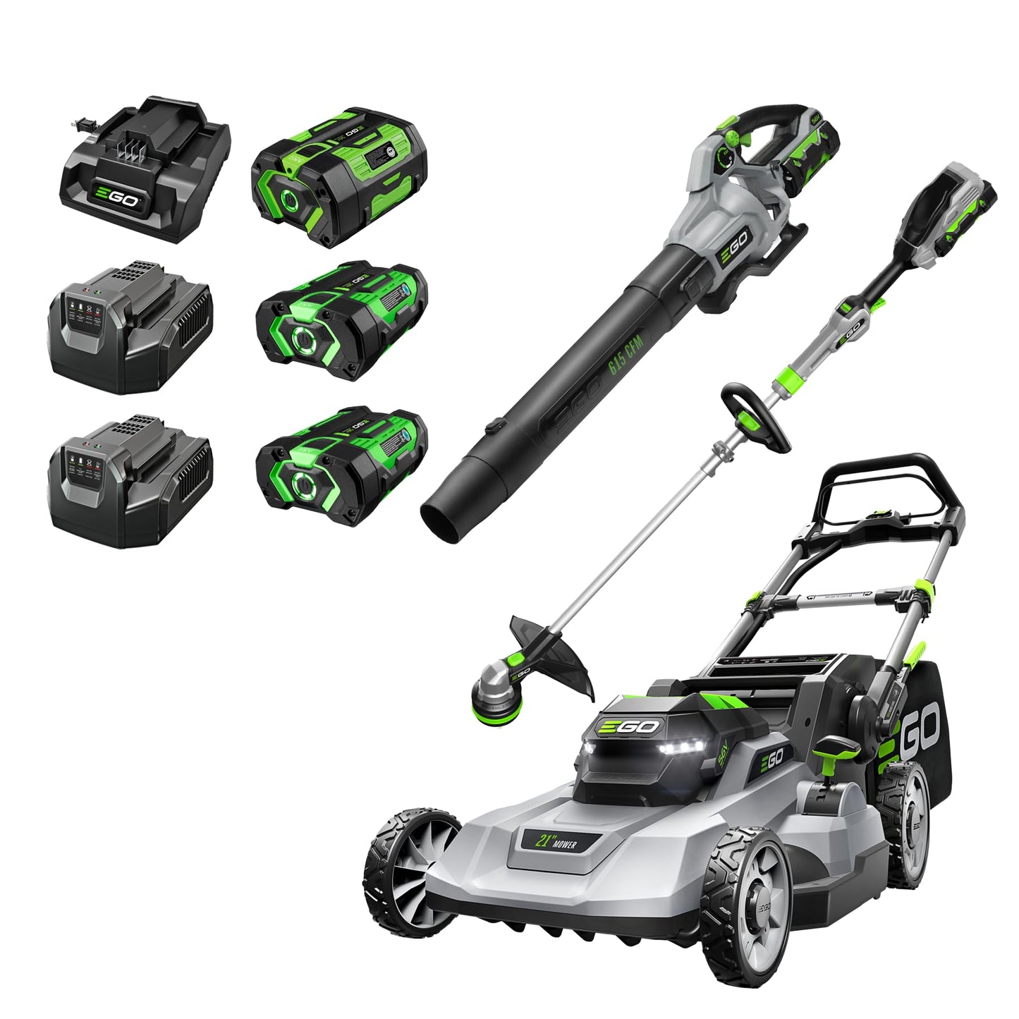 EGO POWER+ 56V Starter Collection 21" Cordless Push Lawn Mower LM2114 & 15" Powerload String Trimmer ST1511T & 615CFM Leaf Blower LB6151, (1) 4Ah (2) 2.5Ah Batteries and (3) Chargers Included