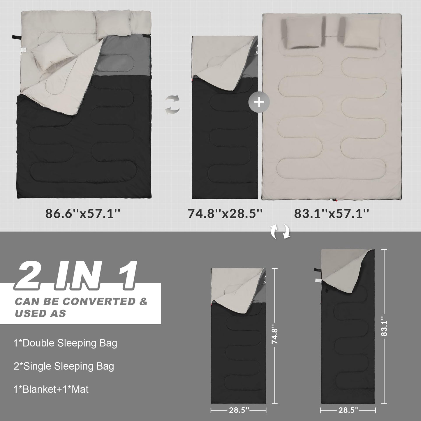 Elevon Double Sleeping Bag with 2 Pillows for Adults, Black