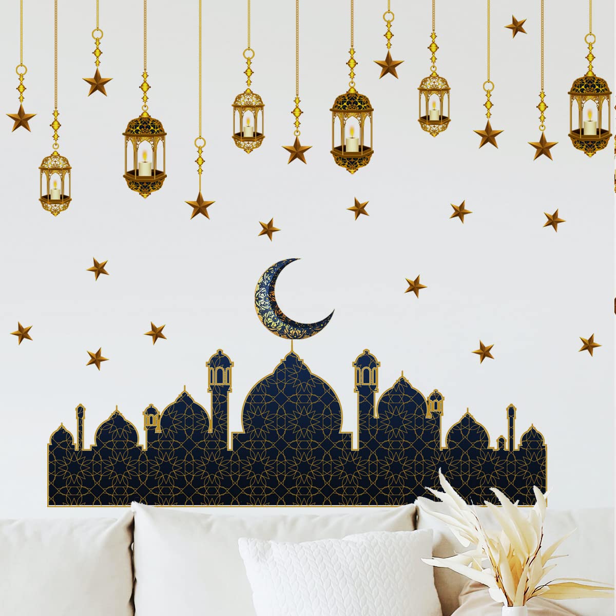 Ramadan Wall Stickers Islamic Muslim Wall Decals Eid Mubarak Ramadan Lantern Moon Star Window Decor for Home Living Room Bedroom Decorations Ramadan Wall Clings (Gold and Navy Blue)