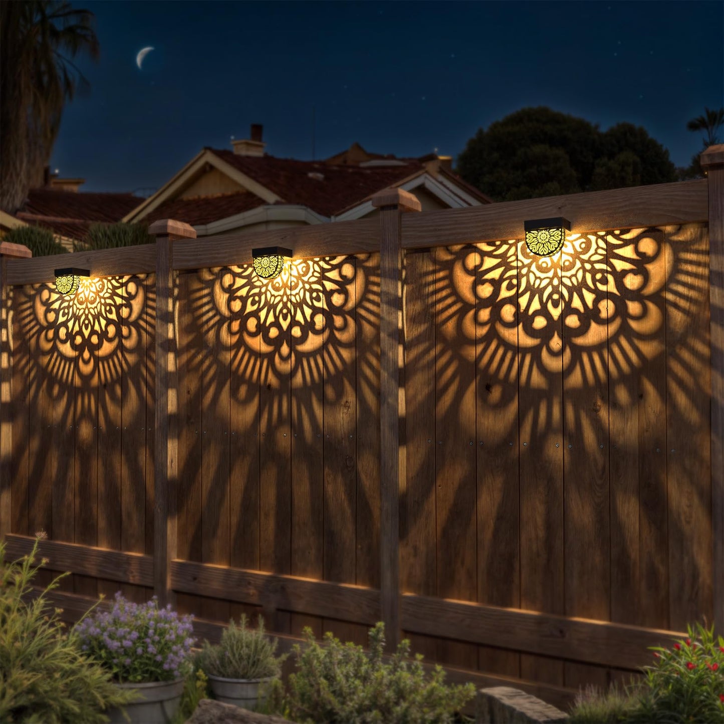 EKQ 6 Pack Solar Fence Lights Outdoor Wall Lights Black Plastic Solar Powered Deck Step Stair Lights Mandala Theme Waterproof Fence Solar Light for Garden Post Patio Backyard Yard Decor