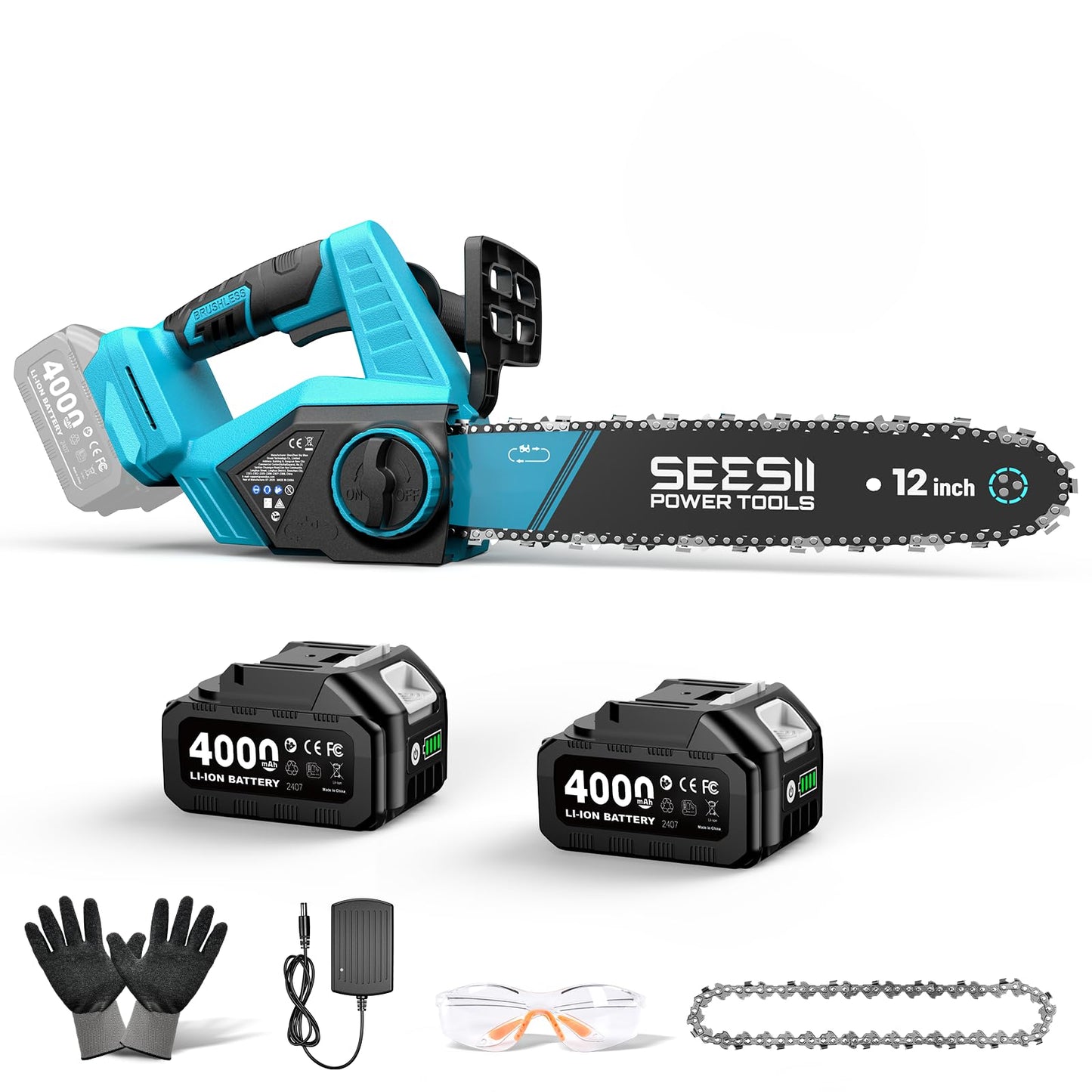 SEESII Electric Chainsaw Cordless 12-inch, Handheld Chain Saws with 2 x 4.0Ah Battery, Tree Saw with Tool-free Chain Tension, Auto Oiling for Wood Cutting Trimming Branch