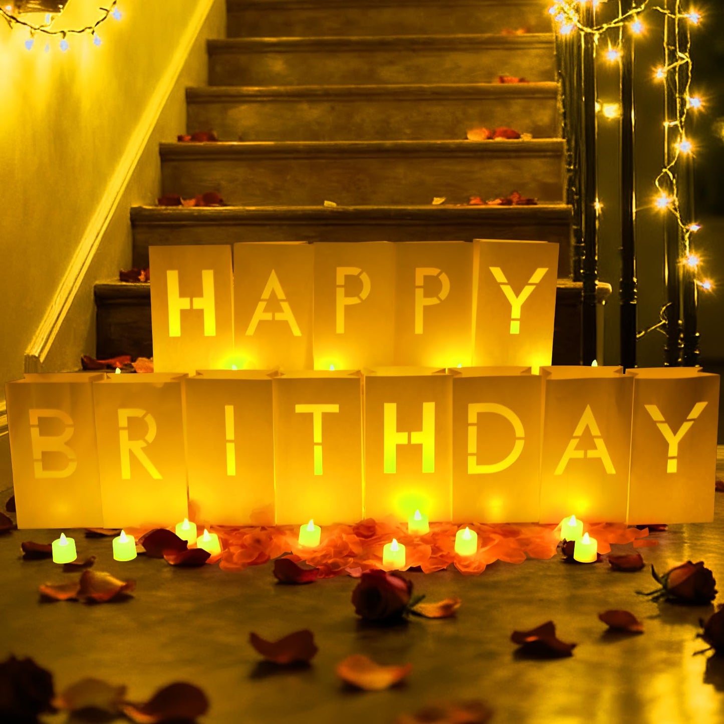 Happy Birthday Decorations for Women Men Girls White Paper Bags with Letter Cards 2000PC Rose Petals Set, Happy Birthday Banner for Door Room Party Decorations, Surprise Gifts Banner