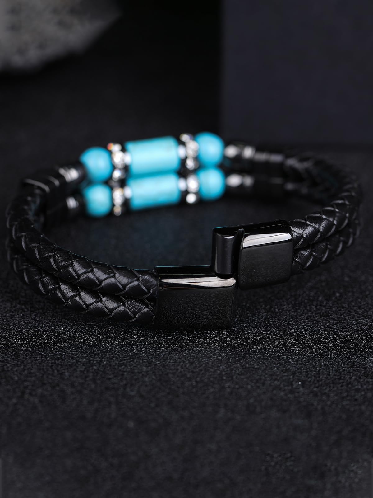 Mrcaois Mens Leather Turquoise Stone Bracelet–8.5" Braided Multi‑Layer Stainless Steel Clasp Leather Bracelets Jewelry Box and Pouch Packing
