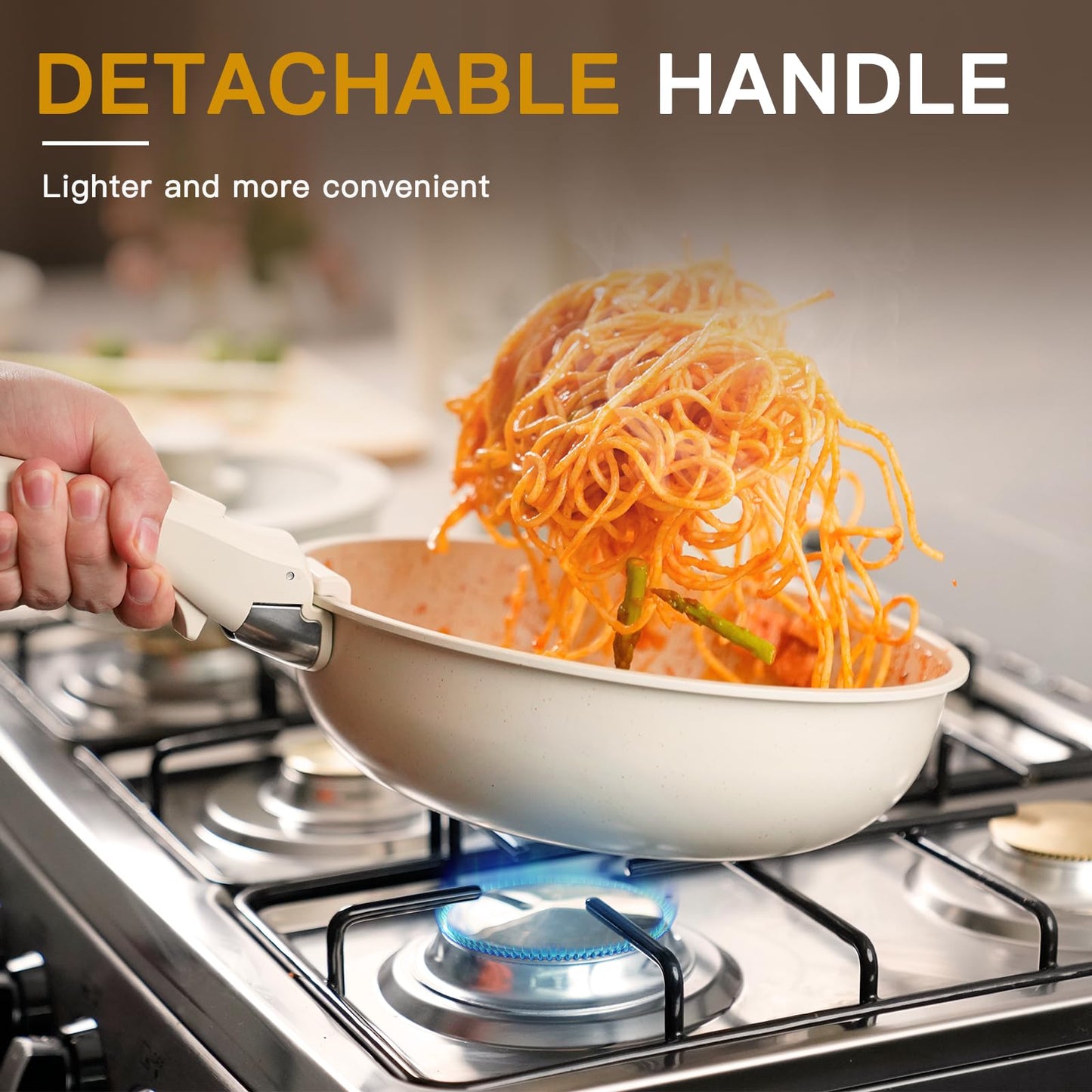 Astercook 21 Pcs Pots and Pans Set Non Stick, Ceramic Cookware Set Detachable Handle, RV Kitchen Cooking Set Removable Handles, Oven Safe, Induction Ready, Stackable, Cream White, Mothers Day Gifts