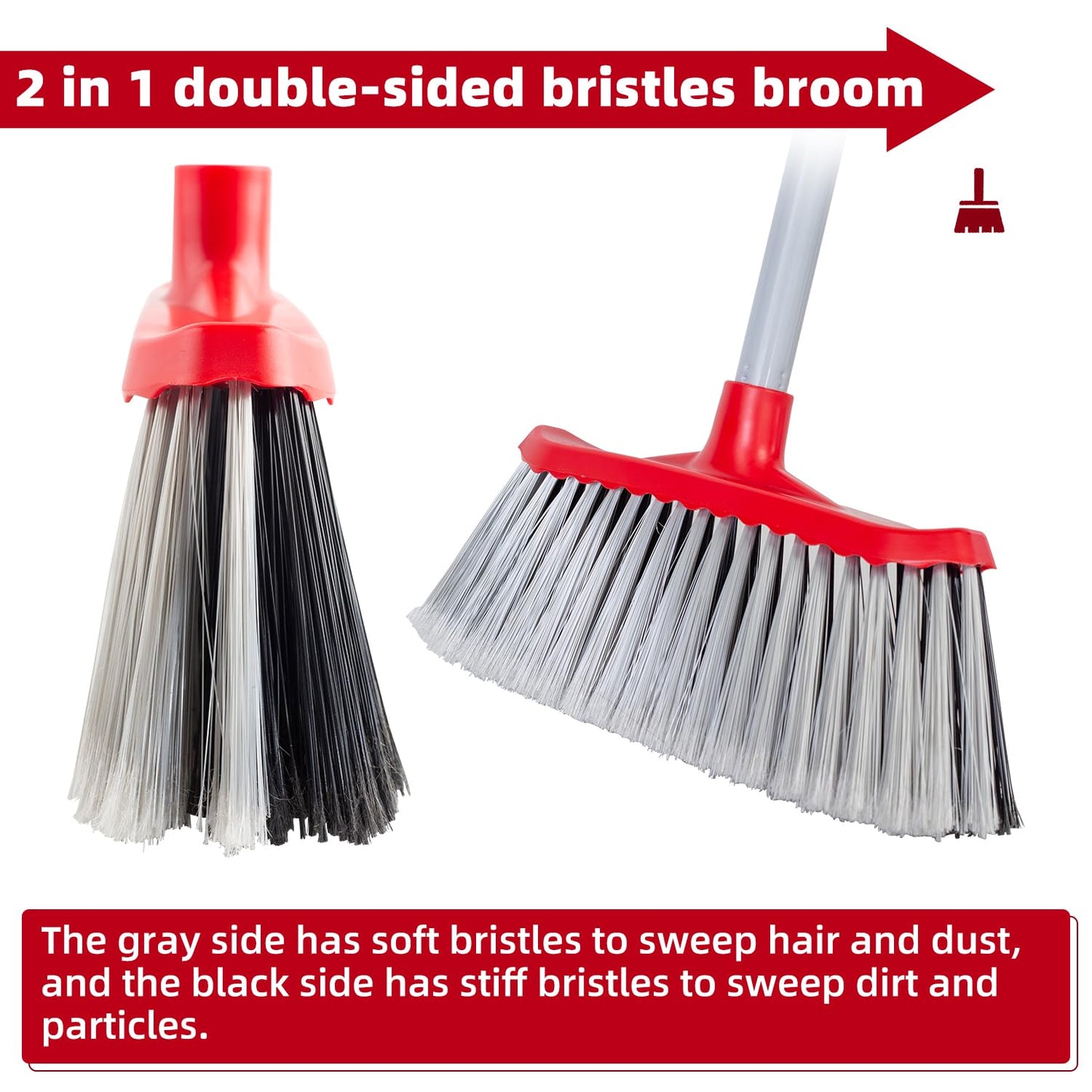 SDSM Indoor Outdoor Broom, Unique Double-Sided Bristles Long Handle Heavy Duty Broom Perfect for Home and Courtyard Garage Lobby Mall Market Floor Home Kitchen Room Office Pet Hair Rubbish 51 Inch