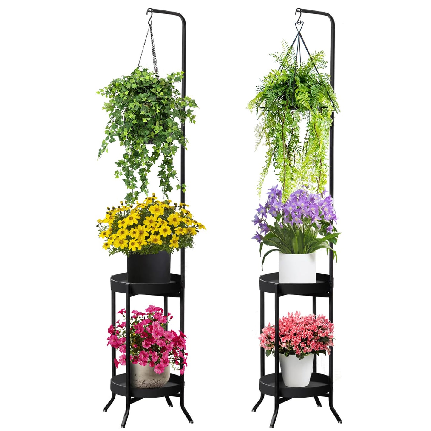 RINBOU 2Pcs Hanging Plant Stand Indoor Outdoor, Space-Saving Corner Metal Plant Shelf 3 Potted Flower Pot Stand, 2 Tier 61" Tall Modern Planter Holder for Patio Garden Balcony Living Room Bedroom