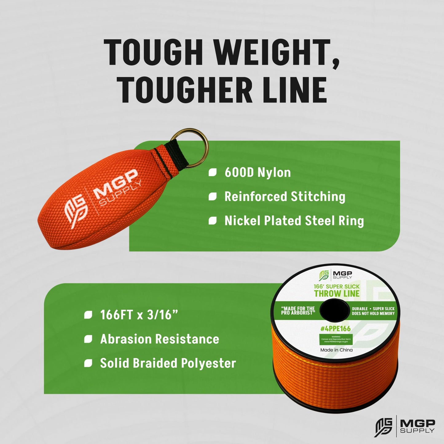 MGP SUPPLY Arborist Throw Line Kit | 15oz Throw Weight & 166ft Rope | Ultra Slick 100% Polyester Rope | Arborist Equipment For Tree Climbing