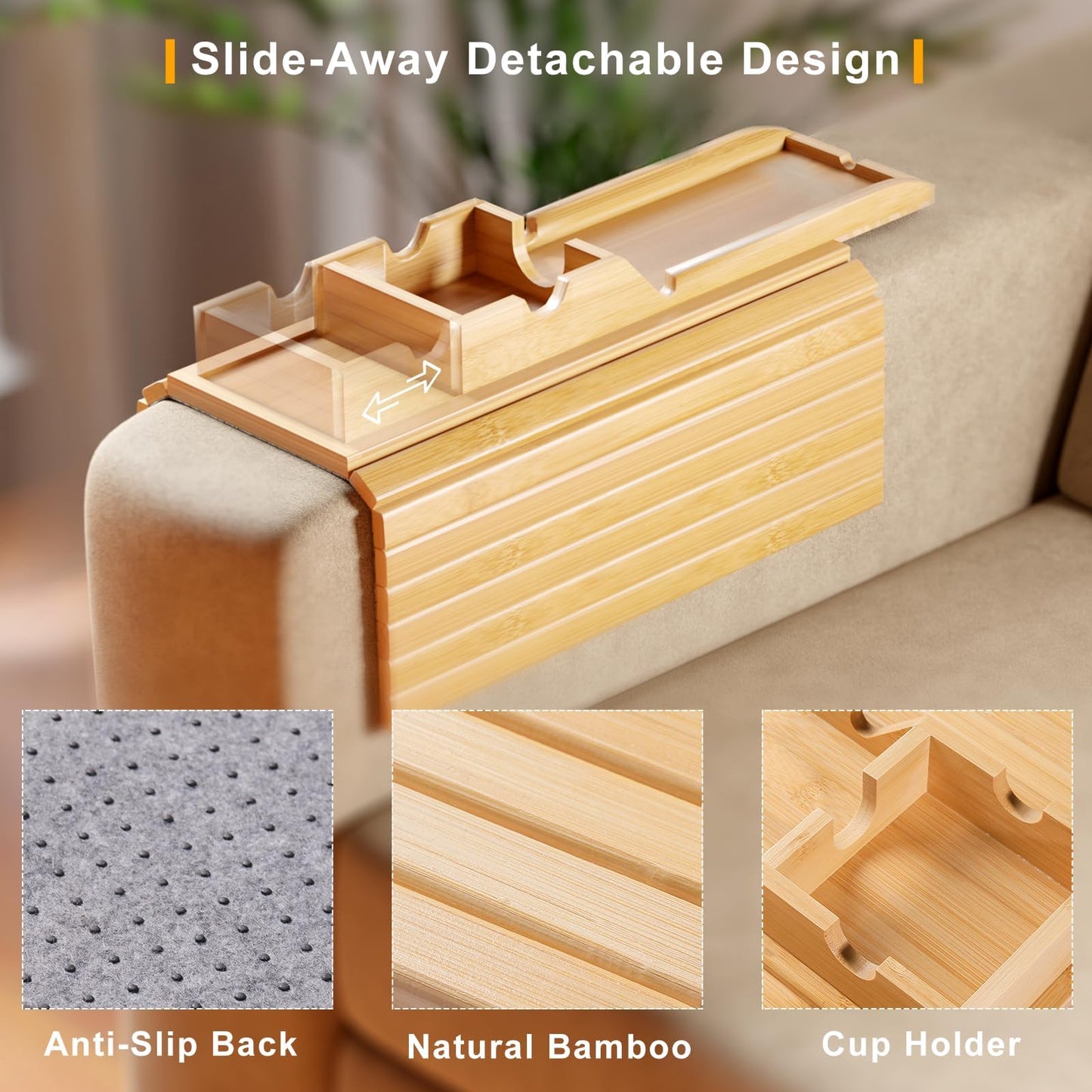 Bestjing Bamboo Sofa Armrest Tray - Couch Arm Tray with Detachable Couch Cup Holder - 2 in 1 Anti-Slip Foldable Sofa Armchair Caddy Table for Drinks Cellphone TV Remote Snacks