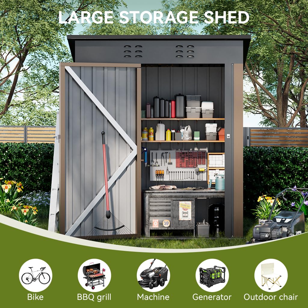 COMHOMA Shed Outdoor Storage Shed Metal,Lockable Doors Tool Sheds with Sloping Roof,Steel Garden Shed with Air Vent for Backyard,Patio,Lawn,Poolside(Brown,5'*3')