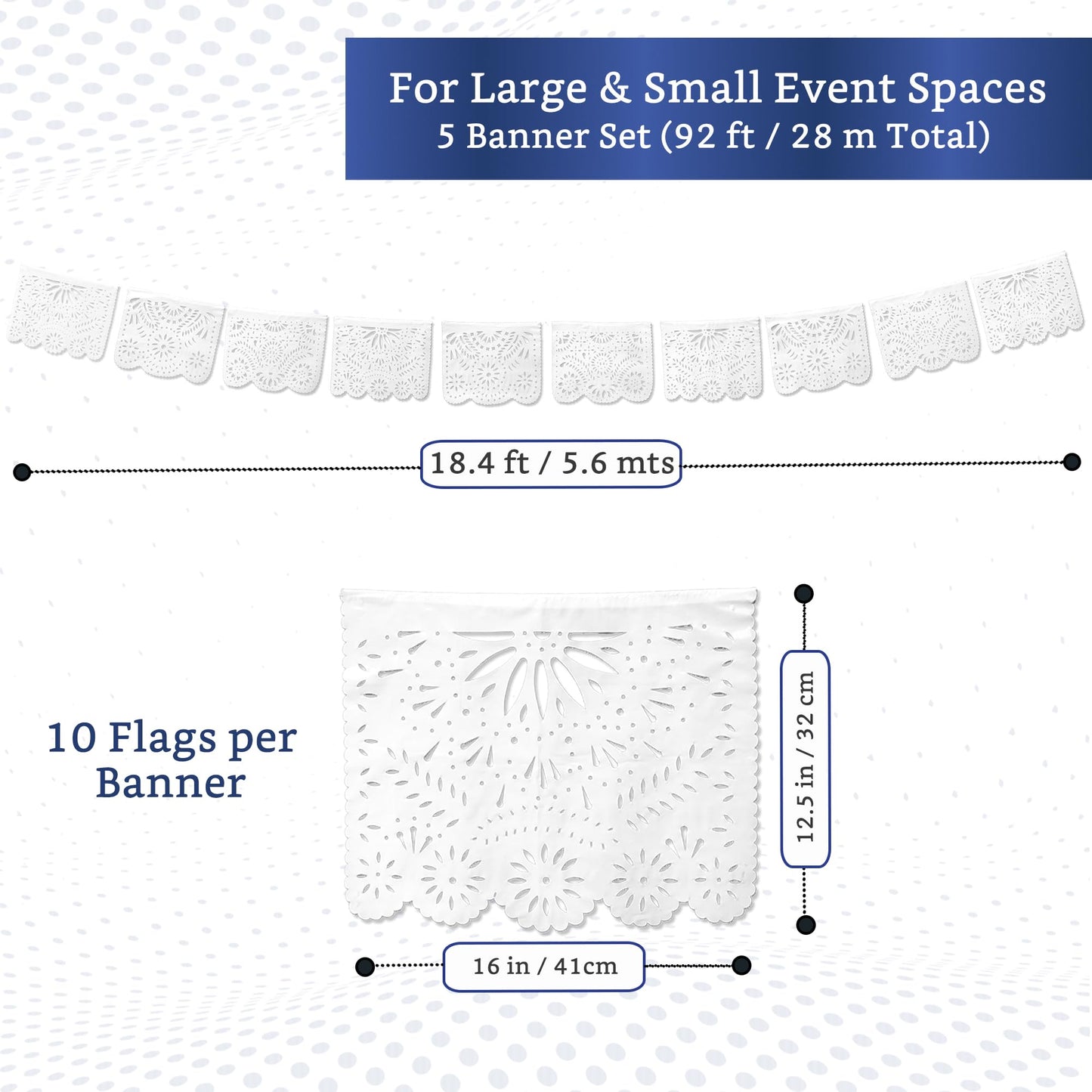 White Papel Picado Banner (5 Pack - 10 Plastic Flags per Banner) - White Mexican Banners for Parties and Weddings - Mexican Themed Party Decorations - Papel Picado Mexicano para Decoraciones