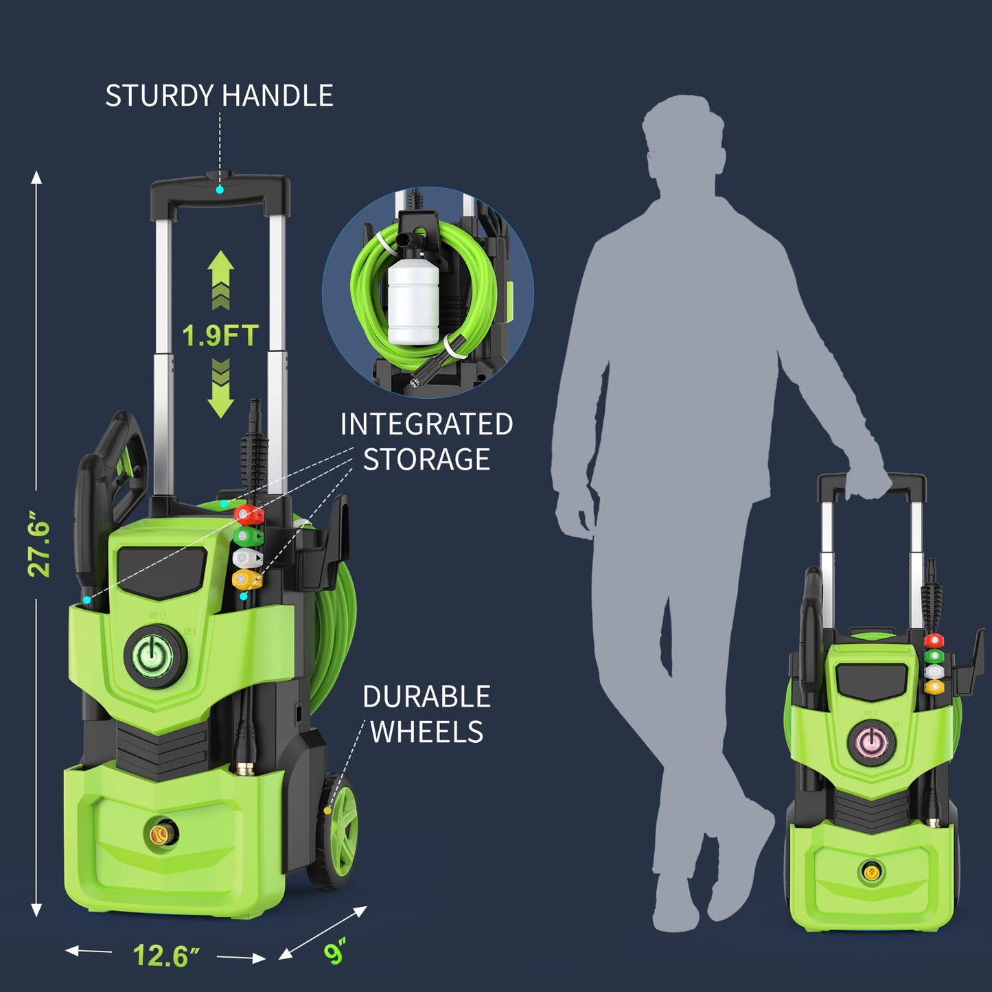 Commowner Pressure Washer 5000PSI Adjustable Pressure Power Washers Powered with 33ft Hose, 4 Nozzle and Foam Cannon, Powerwashers Cleaner Machine for Home, Cars, Green