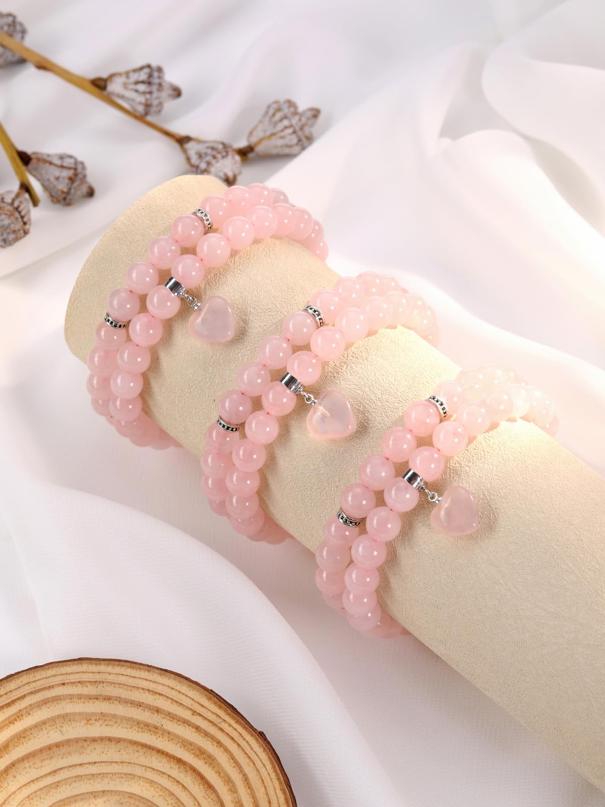 MANIFO 2pcs Rose Quartz Heart Crystal Bracelet for Women Crystal Bracelet Set Gemstone Beads Bracelets Jewellery Gifts for Birthday Valentines Christmas