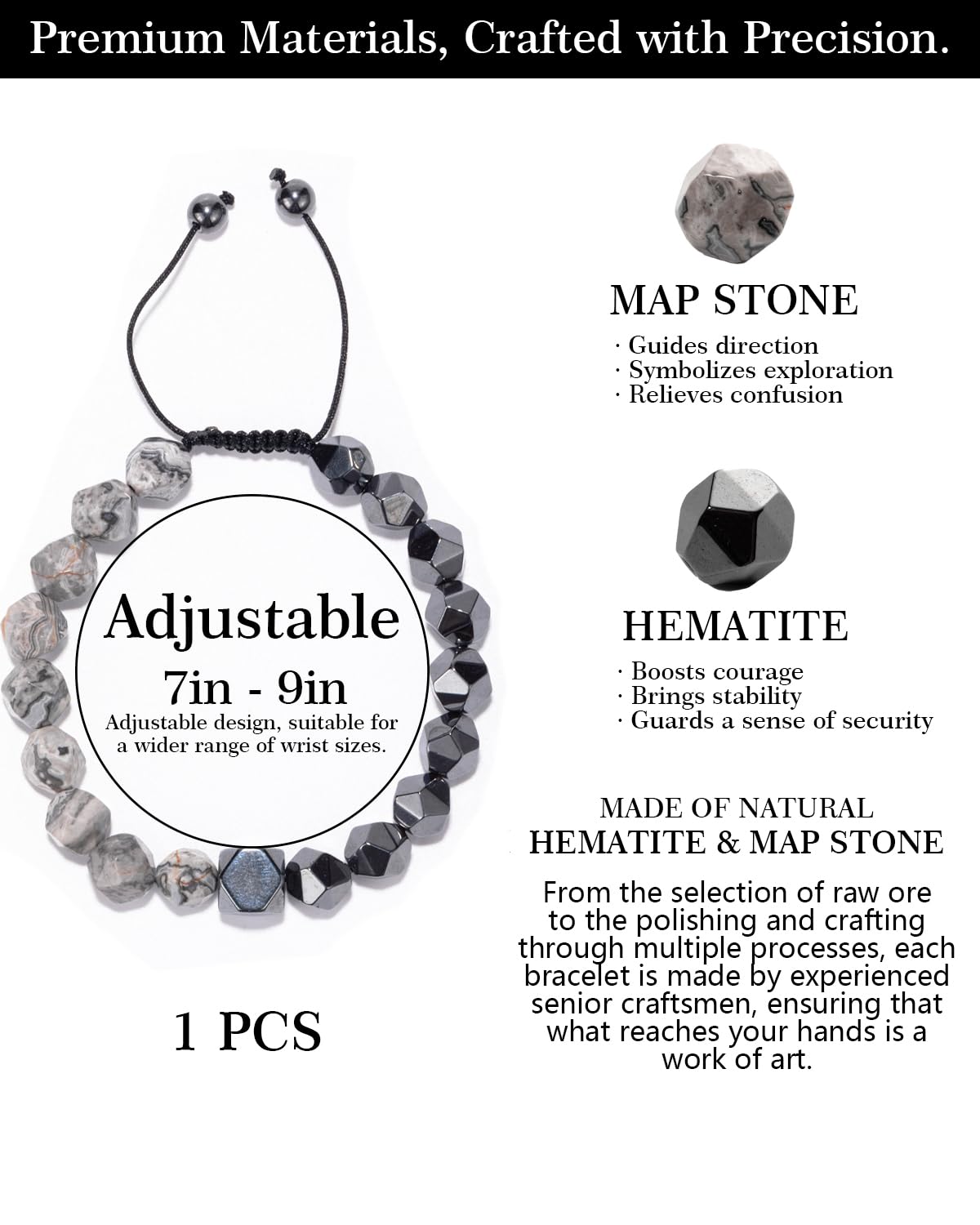 Beaded Bracelet for Men, 10mm Natural Stones Bracelet for Men's Gift, Adjustable Precision-Cut Gemstone Crystal Healing Bracelet, Protection Jewelry Gift with Hematite, Tiger Eye (Map Stone & Hematite)