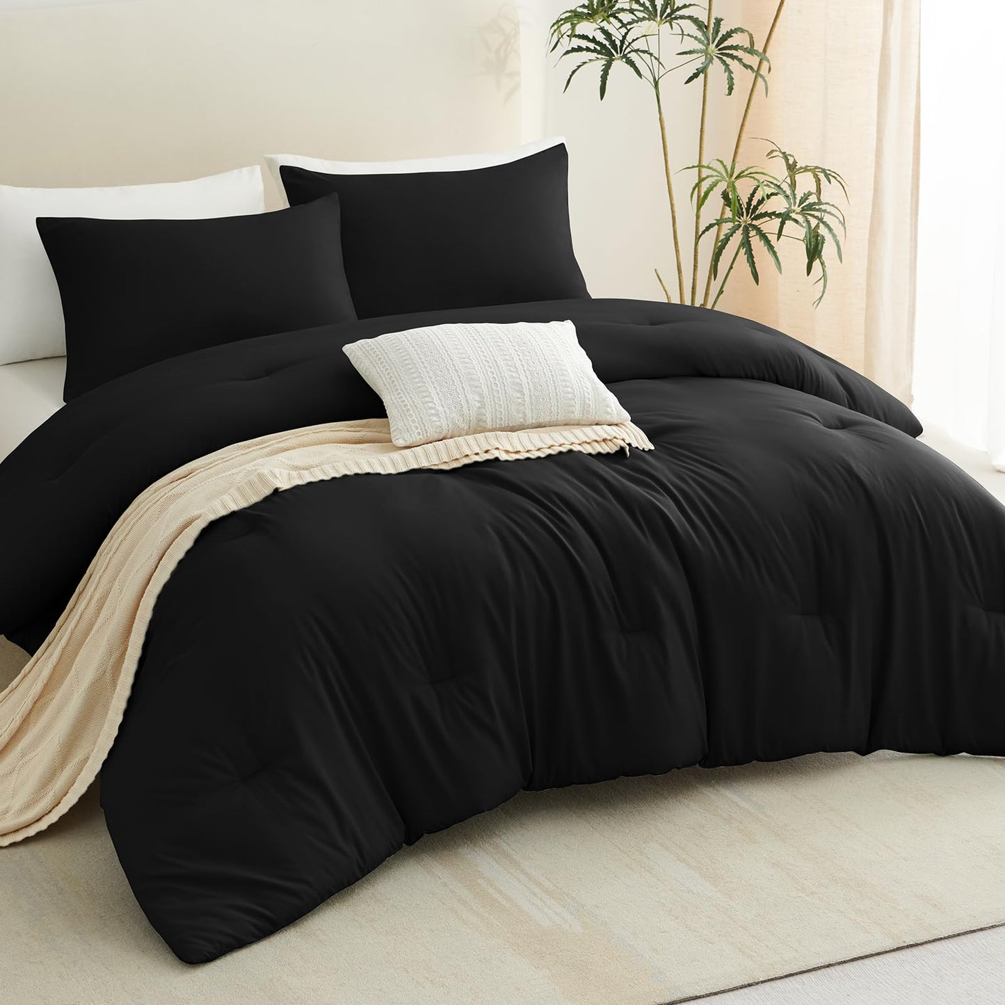 CozyLux Queen Comforter Set Black, 3 Pieces Solid Comforters Queen Size Breathable Quilted Bedding Sets, Luxury Soft Microfiber Down Alternative Comforter for All Season (1 Comforter & 2 Pillowcases)
