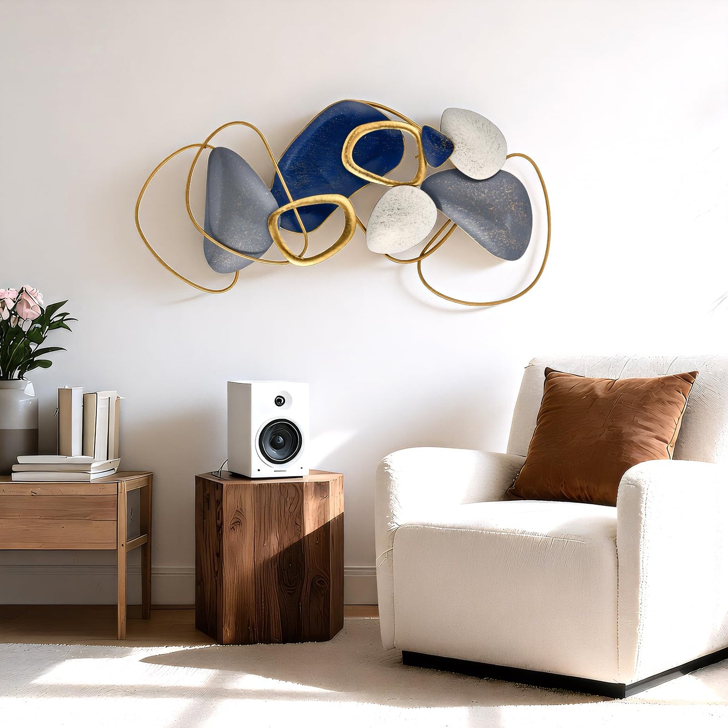 SHERBECK 3D Metal Wall Art Decor Blue Pebble Wall Sculptures Hanging Ornament Modern Abstract for Bedroom Living Room Sofa Background Home Office Kitchen Gold 41.3" L × 19.7" W