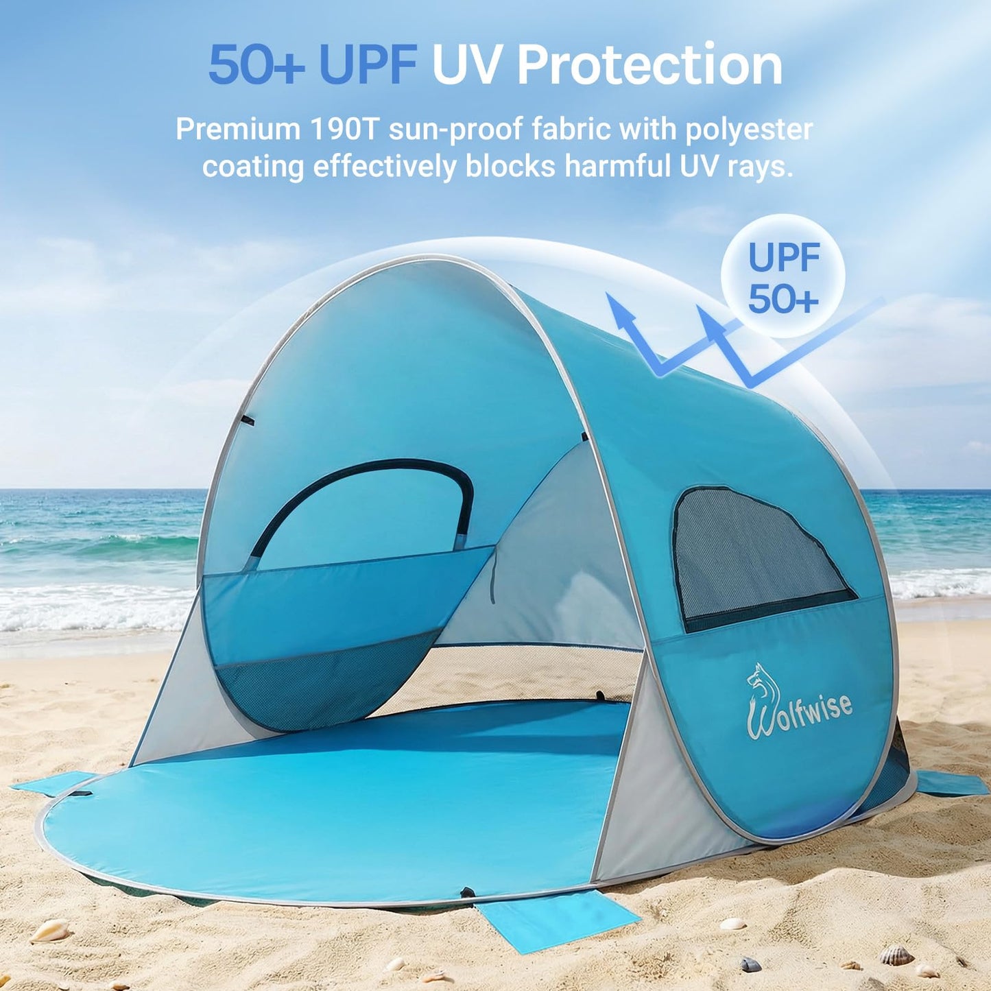 Wolfwise Pop up Beach Tent Sun Shelter with UPF50+ UV Protection, Instant Easy Setup Popup Beach Shade Canopy for 3 Person, Portable & Foldable with Carring Bag, 87 ×57×47 in, Blue