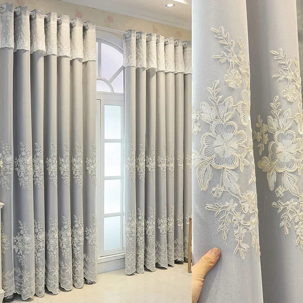 Amidoudou 1 Pair European Double Layer Curtains Luxury Flower Embroidered Curtains for Living Room Bedroom (Grey,52x90 Inch)