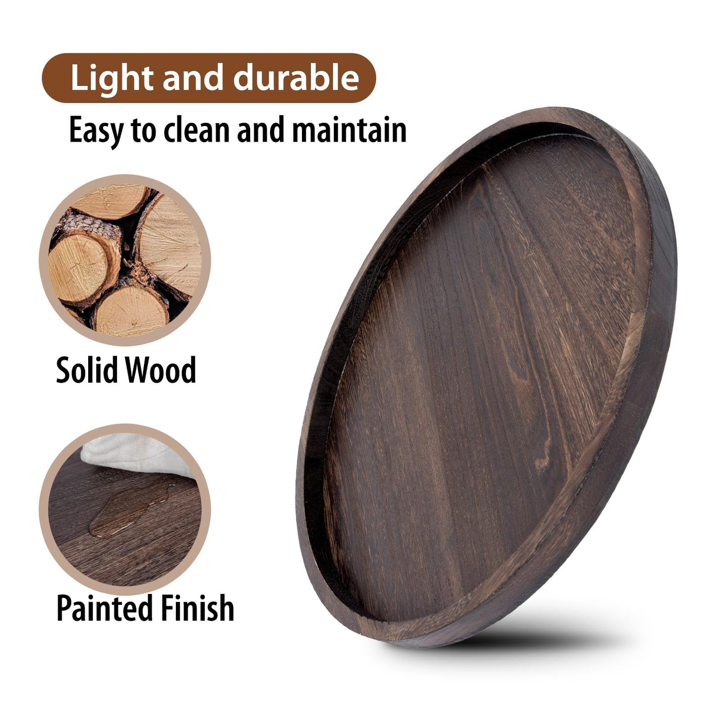 Round Ottoman Tray for Coffee Table Living Room Wood Serving Tray Large Wooden 20 Inches Rustic Brown