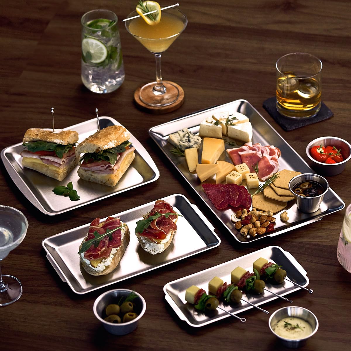 Wagensteiger SUS304 Stainless Steel Serving Platters, Rectangle Metal Dinner Plate with Handles, Decorative Tray, Lightweight, Cheese Board, Oven Safe (14.17 x 7.87 inches)