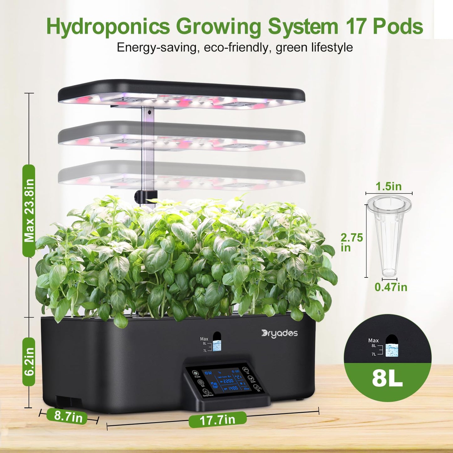 DRYADES 17-Pods Hydroponic Growing System with Dual Fans 24W Full-Spectrum Grow Light & Smart Control Panel for Indoor Gardening for Vegetables Herbs