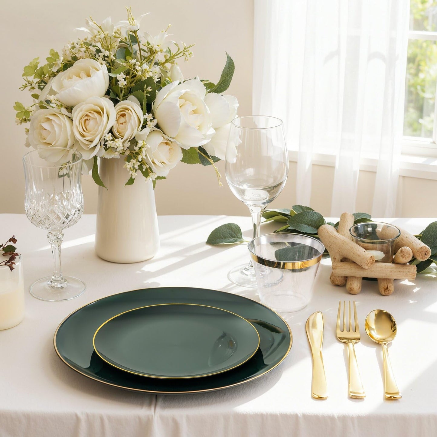 WDF 300Pcs Green Plates Disposable - Heavy Duty Green Plates - 50Guest Green Plastic Dinnerware Include 50 Dinner Plate, 50 Dessert Plate, 150 Cutlery & 50 9oz Cups for Parties/Wedding/Party