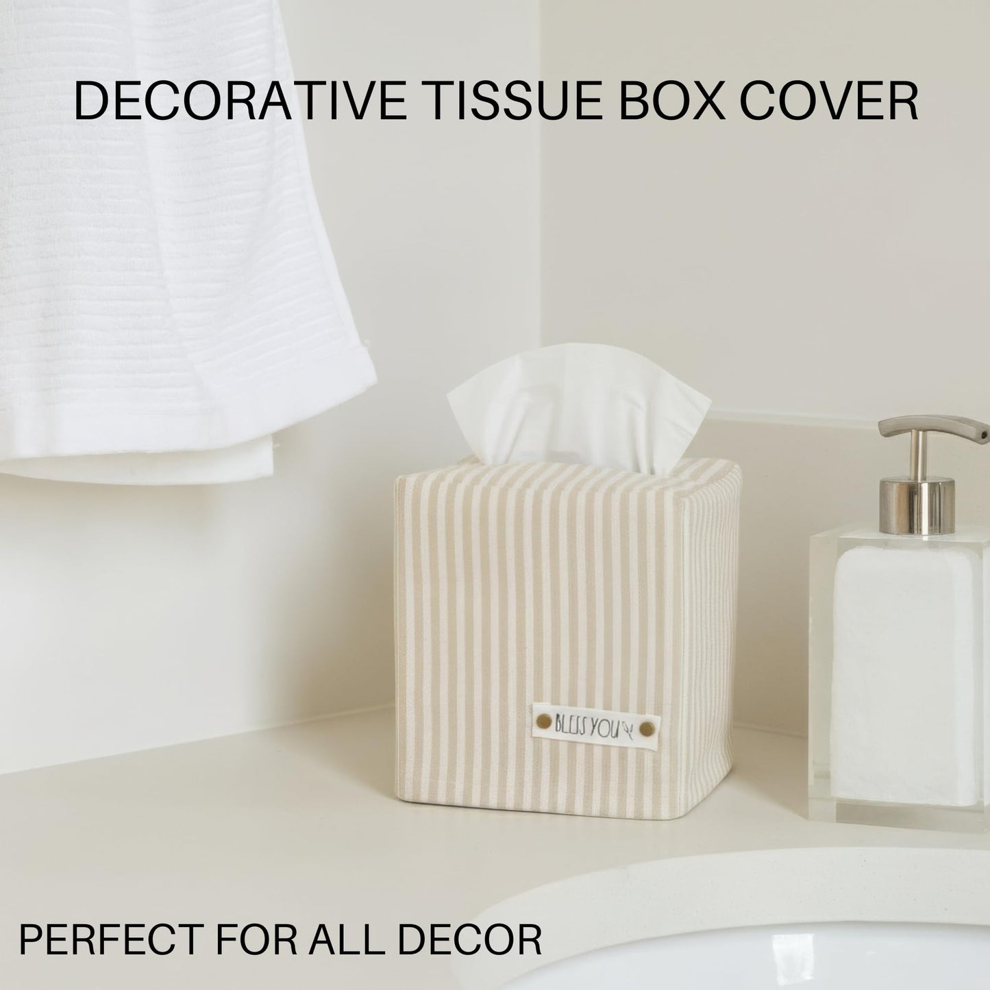 Stylish Tissue Box Cover - This Beige Striped Linen Holder Instantly Covers Your Square Tissue Boxes - The Perfect Cube Cover for Your Bathroom and Home