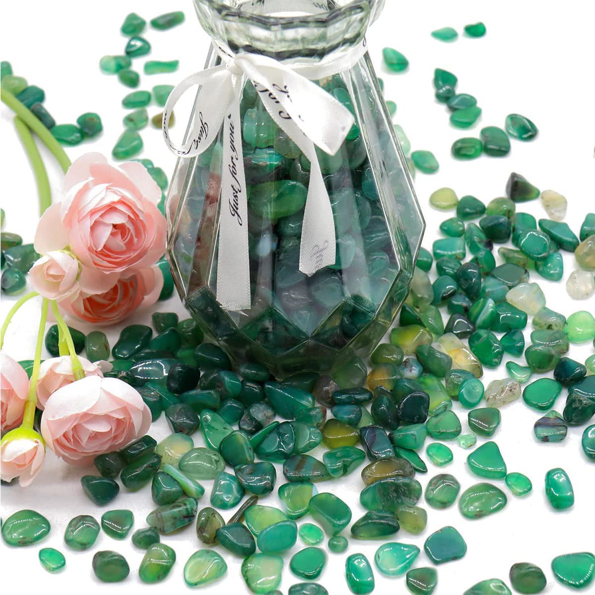 WAYBER Natural Green Agate Pebbles, 1 Lb/460g Decorative Rocks Non-Toxic Crystal Stone Irregular Quartz Gemstone Crushed Pieces Tumbled Stone Chips for Jewelry Making/Home Decoration