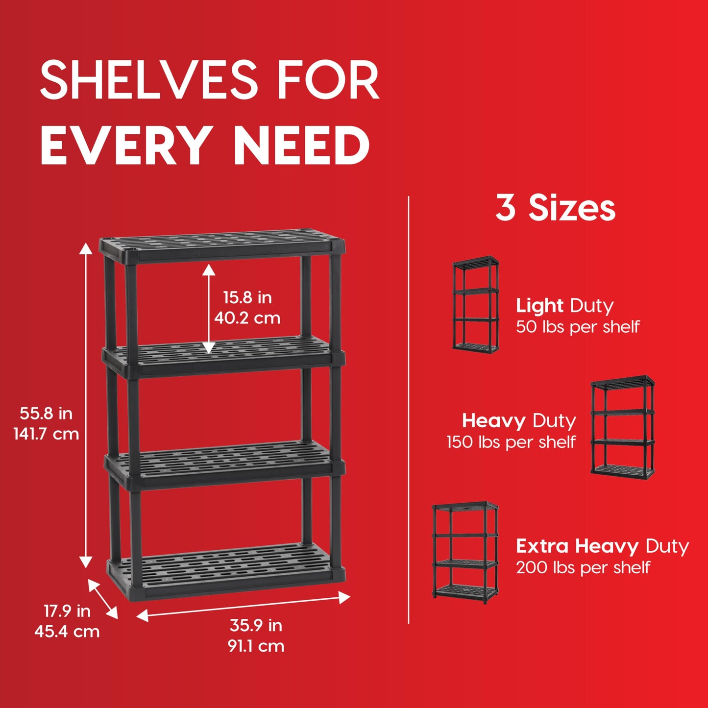 IRIS USA 4-Shelf Heavy Duty Plastic Storage Shelves, 600lb Capacity, 56" H x 36" W x 18" D, Large Modular Shelving Unit Storage Organizer for Garage, Home, Warehouse & Gym, Storage Rack - Black
