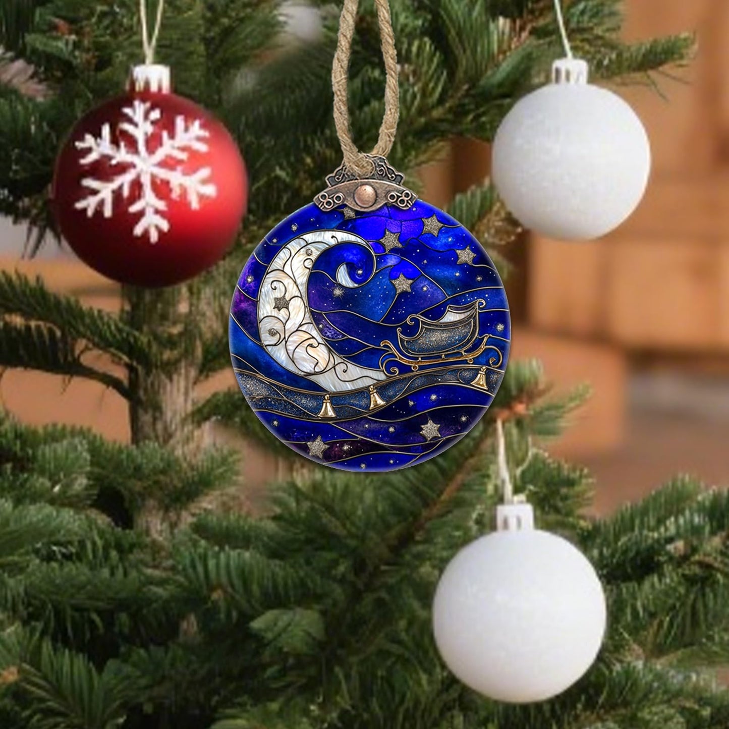 CRISGIF Stained Glass Christmas Decorations, Blue Starry Sky Silver Moon Suncatcher for Window Christmas Tree Hanging Ornaments Bell Sun Catcher Xmas Decor Gifts for Women Men Mom Nana Friend