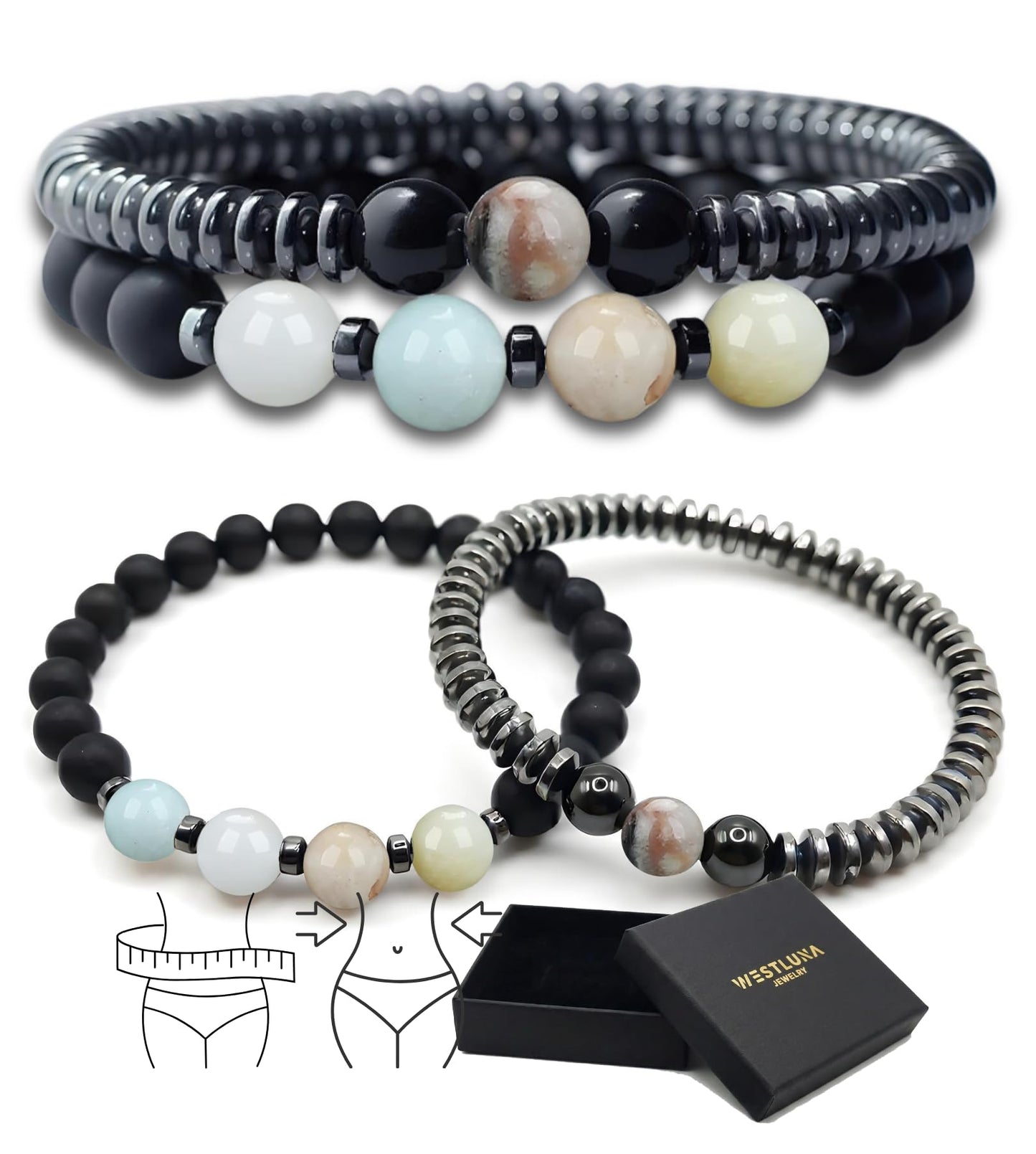 WestLuna Magnetic Hematite Bracelets for Women Men, Adjustable Amazonite Black Obsidian Natural Stone Beaded Bracelets, Slimming Crystal Chakra Energy Bracelet Gift (Amazonite, Small)