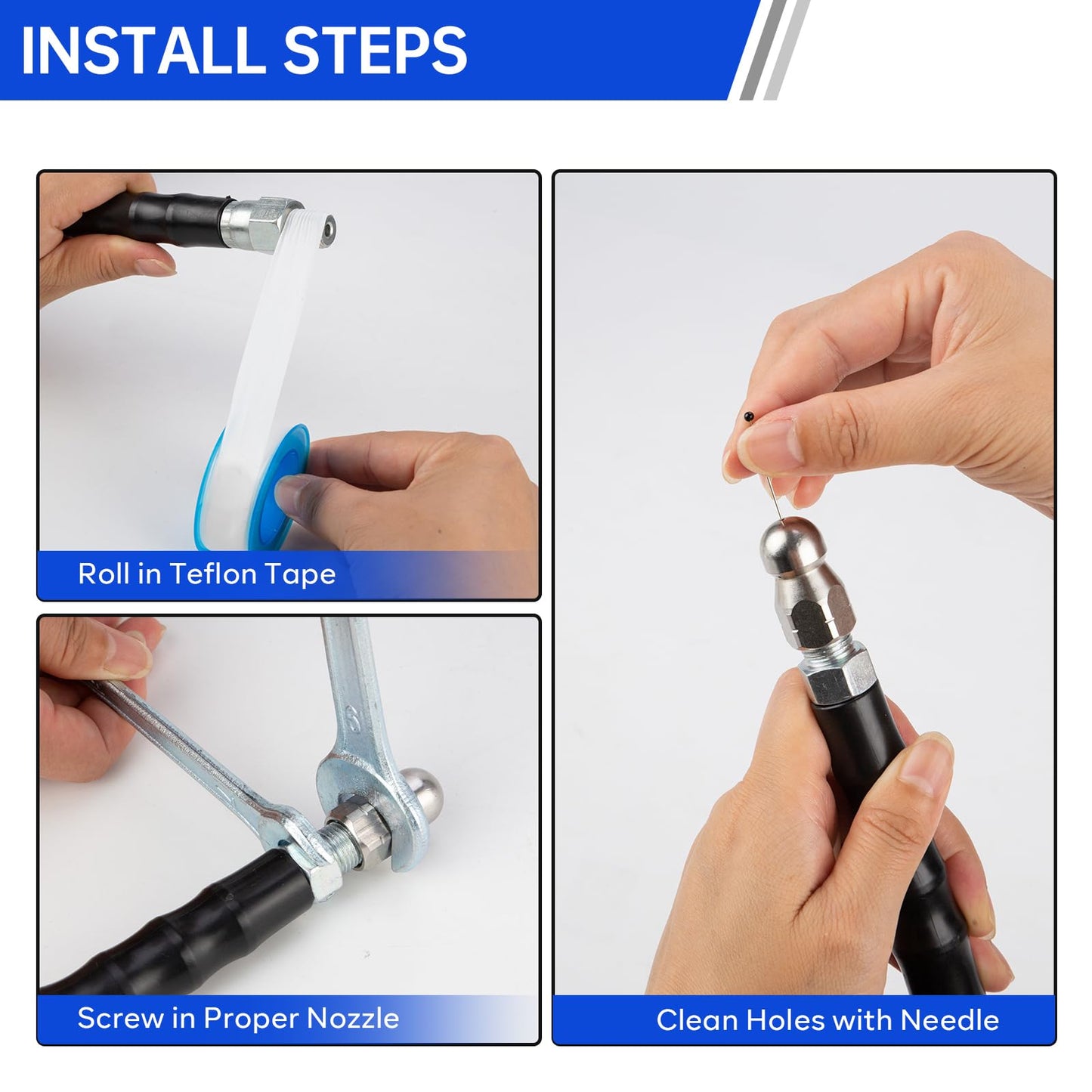 Sewer Jetter Kit 100FT for Pressure Washer, Pressure Washer Drain Jetter with 5800PSI Cleaner Hose 1/4 Inch NPT, Corner, Rotating & Button Nose Sewer Jetting Nozzle Spanner Waterproof Tape Pearl Pin