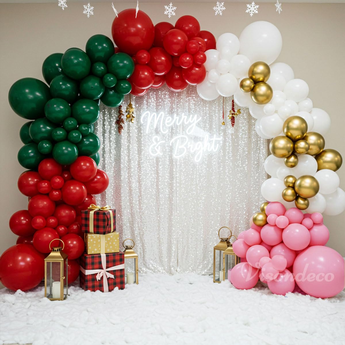 Christmas Balloon Arch Kit – 143pcs Double Stuffed Green, Red, Green, White, Pink & Gold Balloons Garland, Xmas Balloon Arch Decorations for Holiday Party, Merry Christmas Balloons Decor Supplies