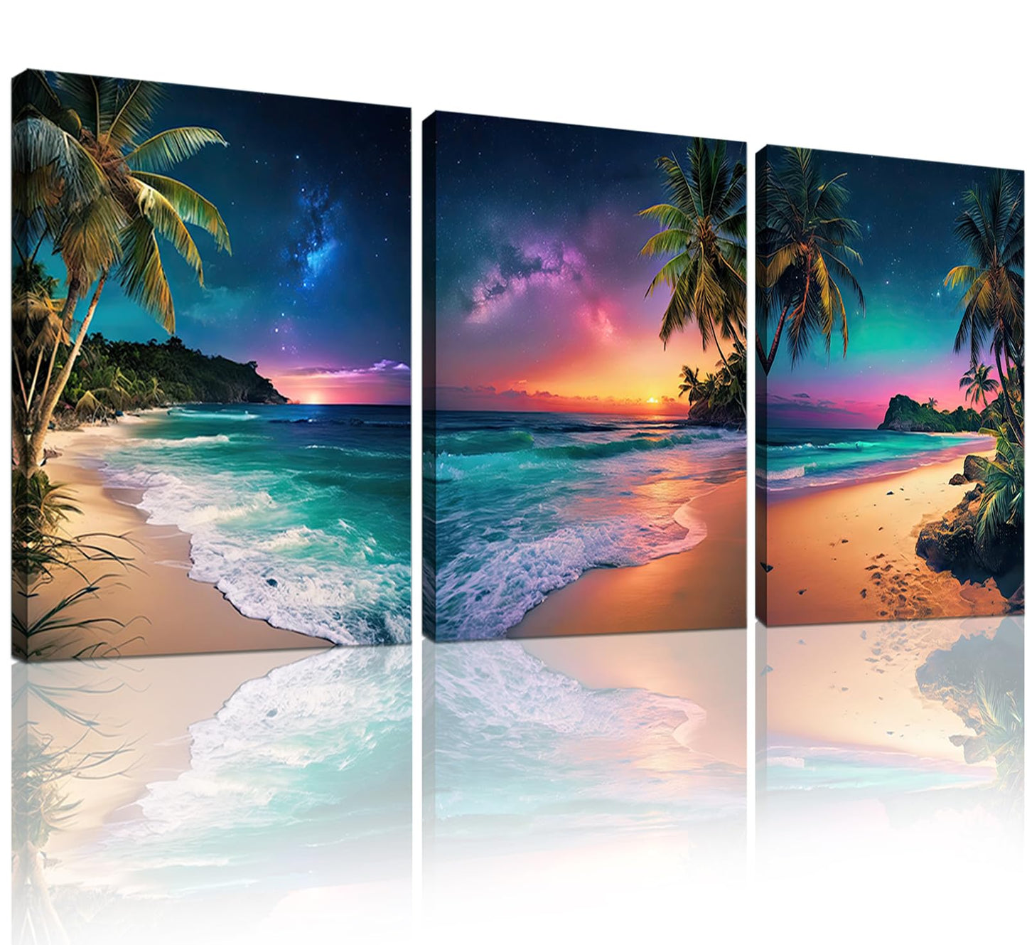 weiyiart Beach Sunset Wall Art Ocean Print Art Tropical Canvas Wall Decor 3 Panels Northern Lights Aurora Polaris Nature Landscape Painting for Modern Bathroom Living Room Bedroom Office 12"x16"x3pcs