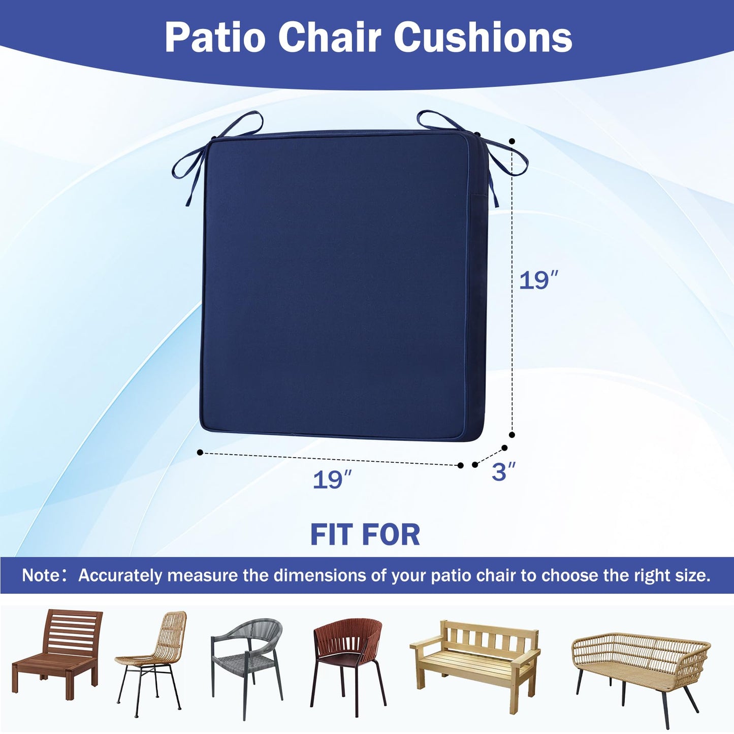 IASEAHK Patio Chair Cushions, 19" x 19" x 3" Outdoor Chair Cushions Set of 4, Waterproof Outdoor Cushions for Patio Furniture, Outdoors Seat Cushions Set of 4 with Handle and Ties, Navy Blue