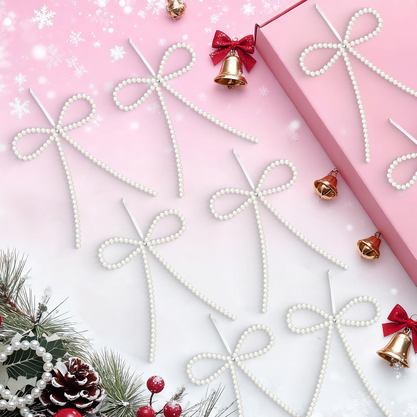 12 Pcs White Pearl Bow Ornaments for Christmas Tree Decorations Pearl Christmas Ornaments Hanging Christmas Tree Toppers for Xmas Gift Packaging Home Wreath Fireplace Fence Wedding Holiday Party Decor