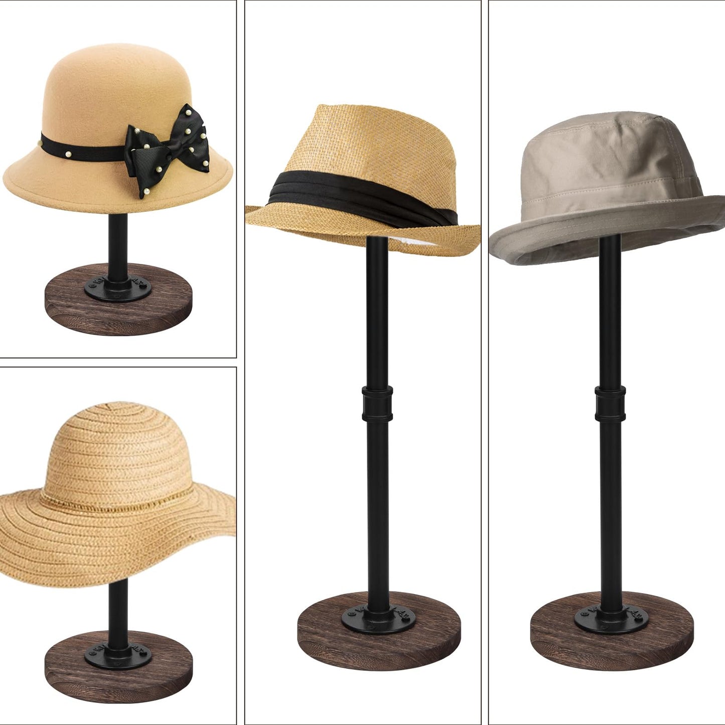 Vrietina 2 Pcs Tabletop Hat Stand Cap with Height Adjustment, Industrial Metal Pipe Rustic Burnt Wood Hat Rack, Wig Rack or Jewelry Display Riser