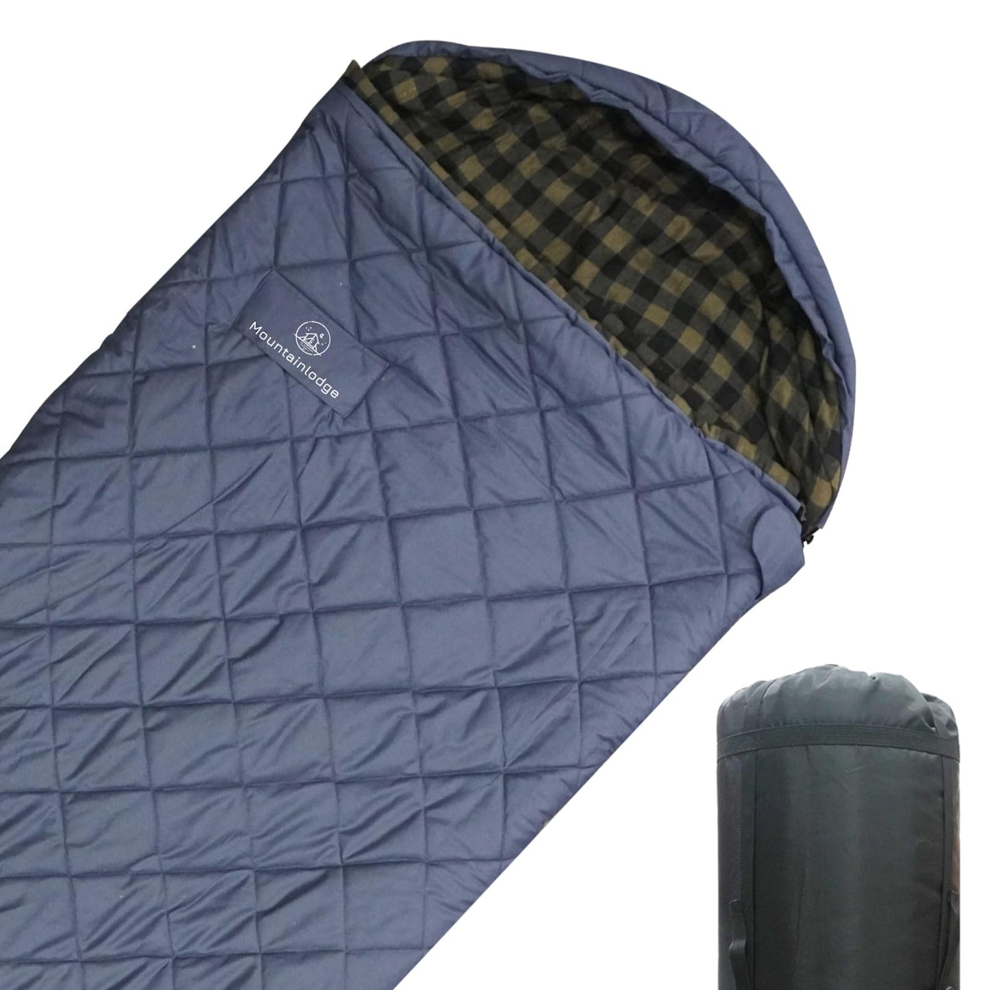 Mountainlodge 100% Cotton Shell and Lining Sleeping Bag for Adult Cold Weather with Compression Bag&Carry Bag for Camping,Travel and Car Camping (Little Grid Dark Blue with Left Hand)