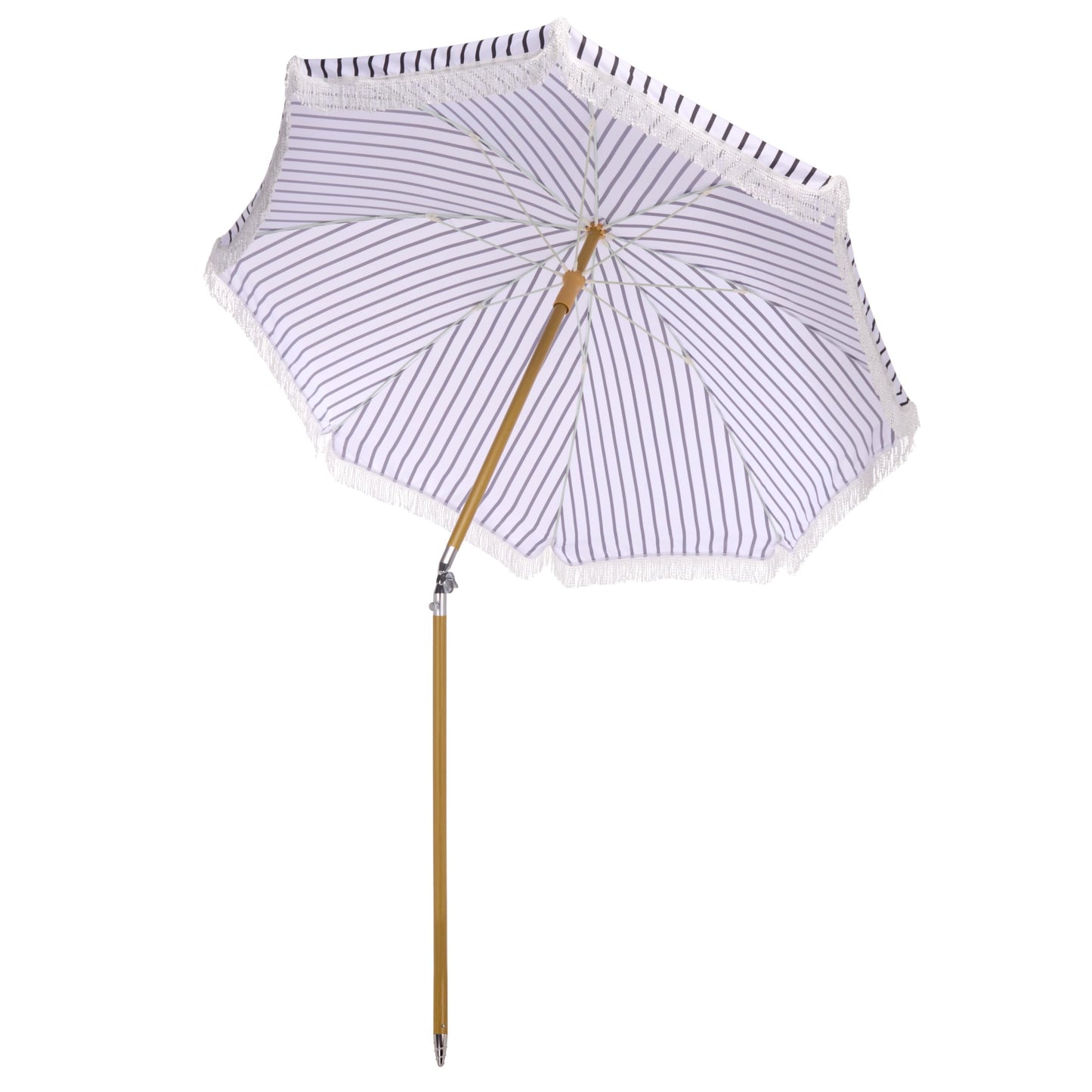 SAFAVIEH Outdoor - Bella 6.5 FT Beach Umbrella - Black Striped Canopy with White Fringe Trim, Tilt Function, Aluminum Pole with Wood Grain Finish, Weather Resistant for Beach, Patio, Garden (PAT8504A)