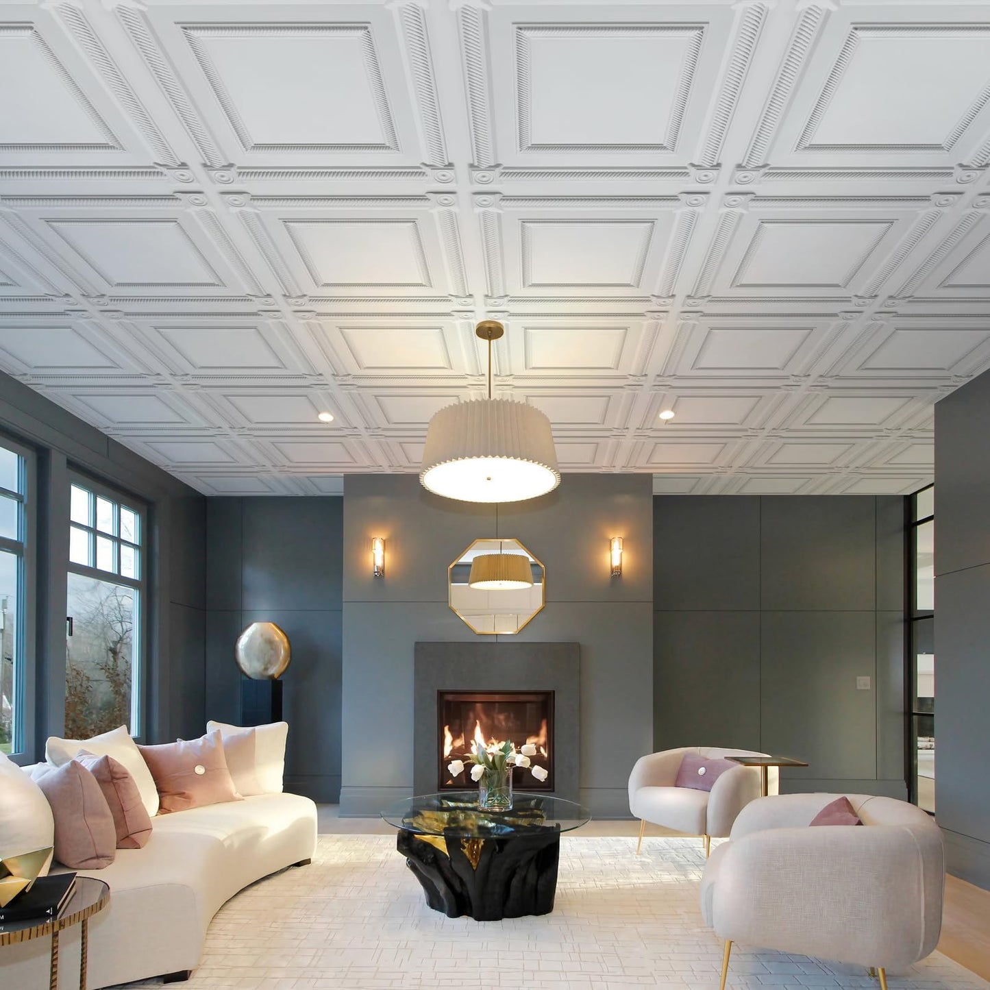 LEVOWAY 12-Pack PVC Drop Ceiling Tiles, 24 x 24in White 2'x2' Glue Up Ceiling Panel Cover 48 Sq.Ft