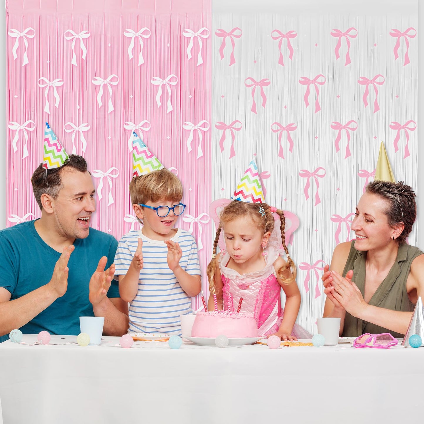 4 Pack Pink Bow Party Backdrop Decoration Pink Bow Foil Fringe Curtains for Girls Bow Birthday Baby Shower Decorations Bridal Shower Bachelorette Party Decor Supplies 3.2ft X 8.2ft