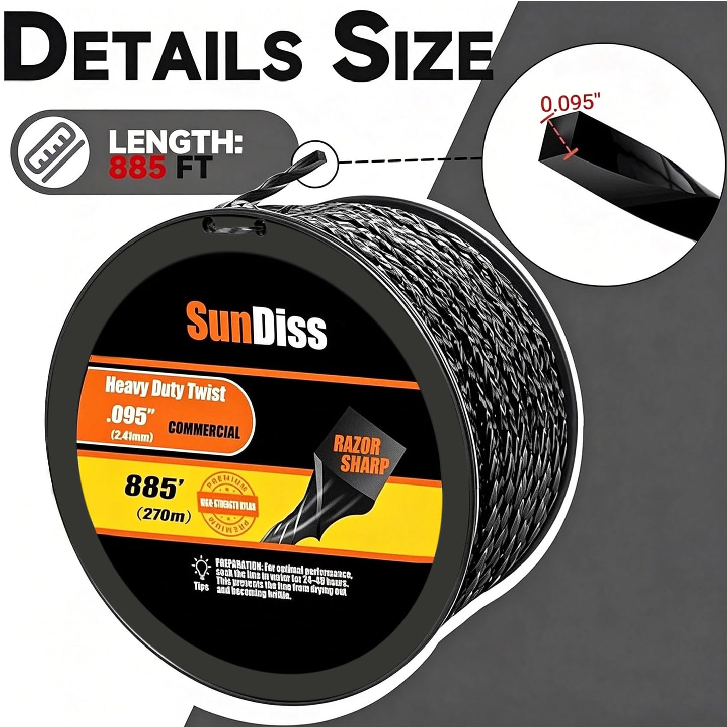 SunDiss 885ft 0.095" Trimmer Line Cutting String Replacement for Echo Black Diamond Trimmer Line 330095073/330095071, Fits for Medium to Heavy Grass and Weeds, with Built-in Line Cutter