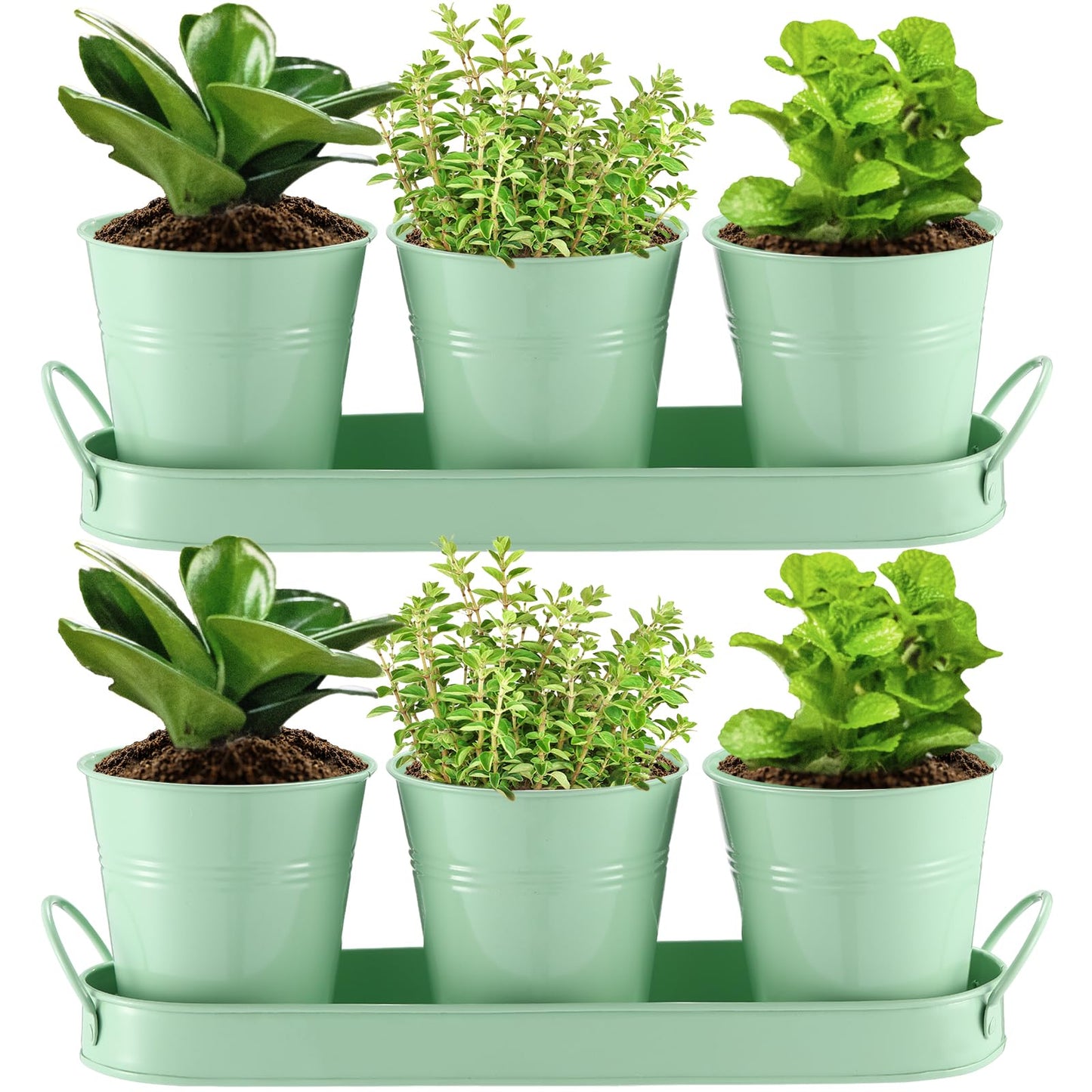 Hicarer 2 Sets Herb Planter with Tray Metal Herb Garden Planter with Drainage Farmhouse Windowsill Pots for Indoor Plants Flower Succulent Outdoor Kitchen Apartment Balcony Window (Green)