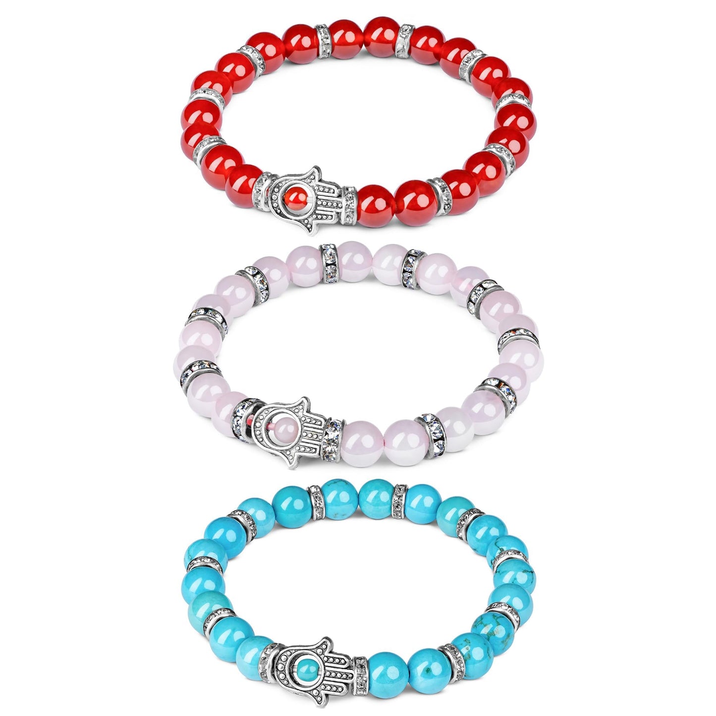 Healing Crystal Bracelet, Chakra Bracelets for Women & Men, Bracelet for Meditation, Positive Energy & Balance, Handmade Bracelets Crystal by Karma Pledge (Turquoise, Carnelian and Rose Quartz)